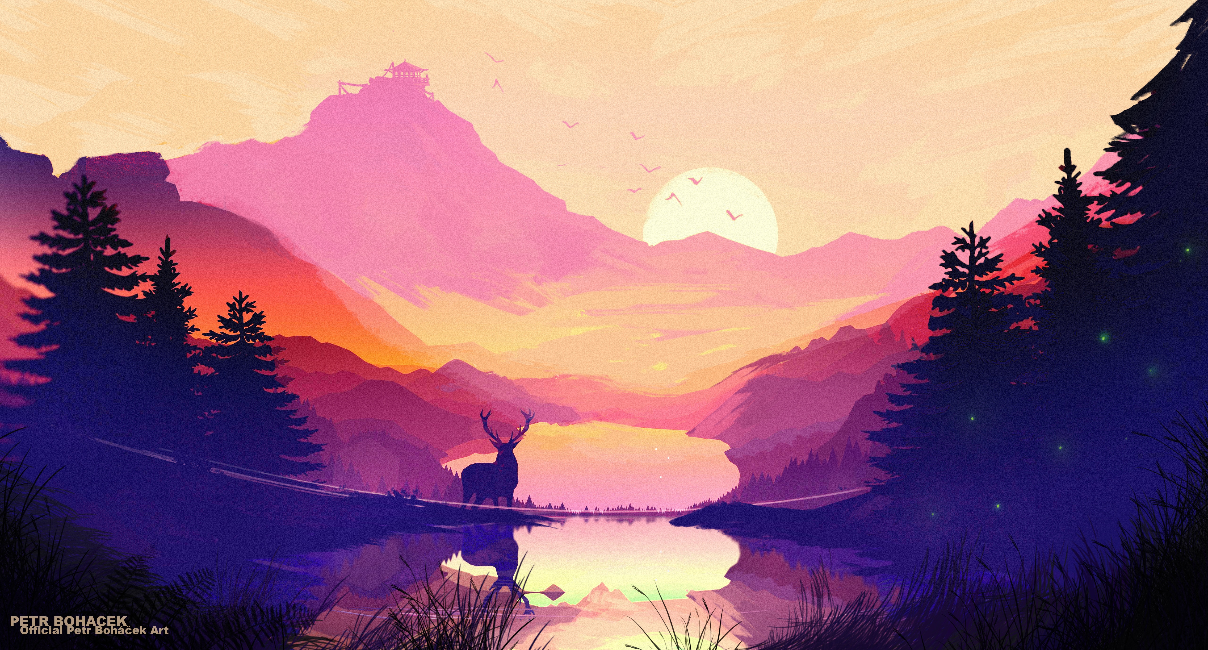 4K sunset over mountains with deer and lake HD Wallpaper