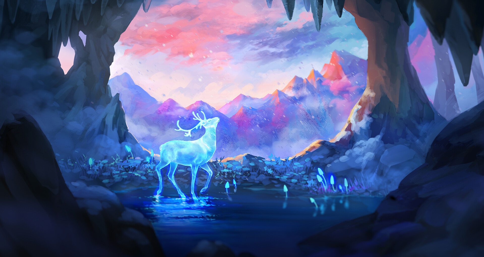 Glowing deer in a mystical cave with mountains HD Wallpaper