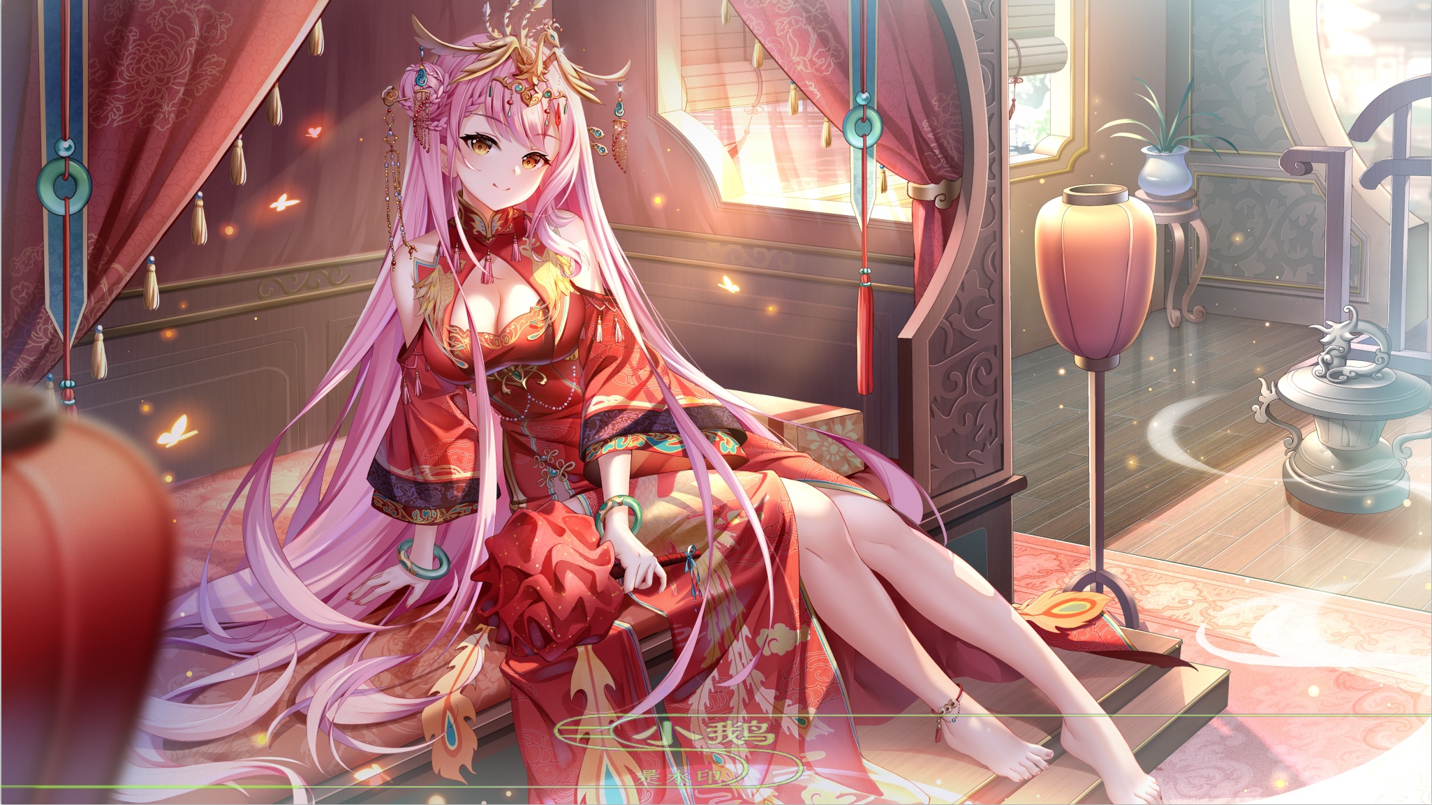 Fantasy girl in red dress with pink hair HD Wallpaper