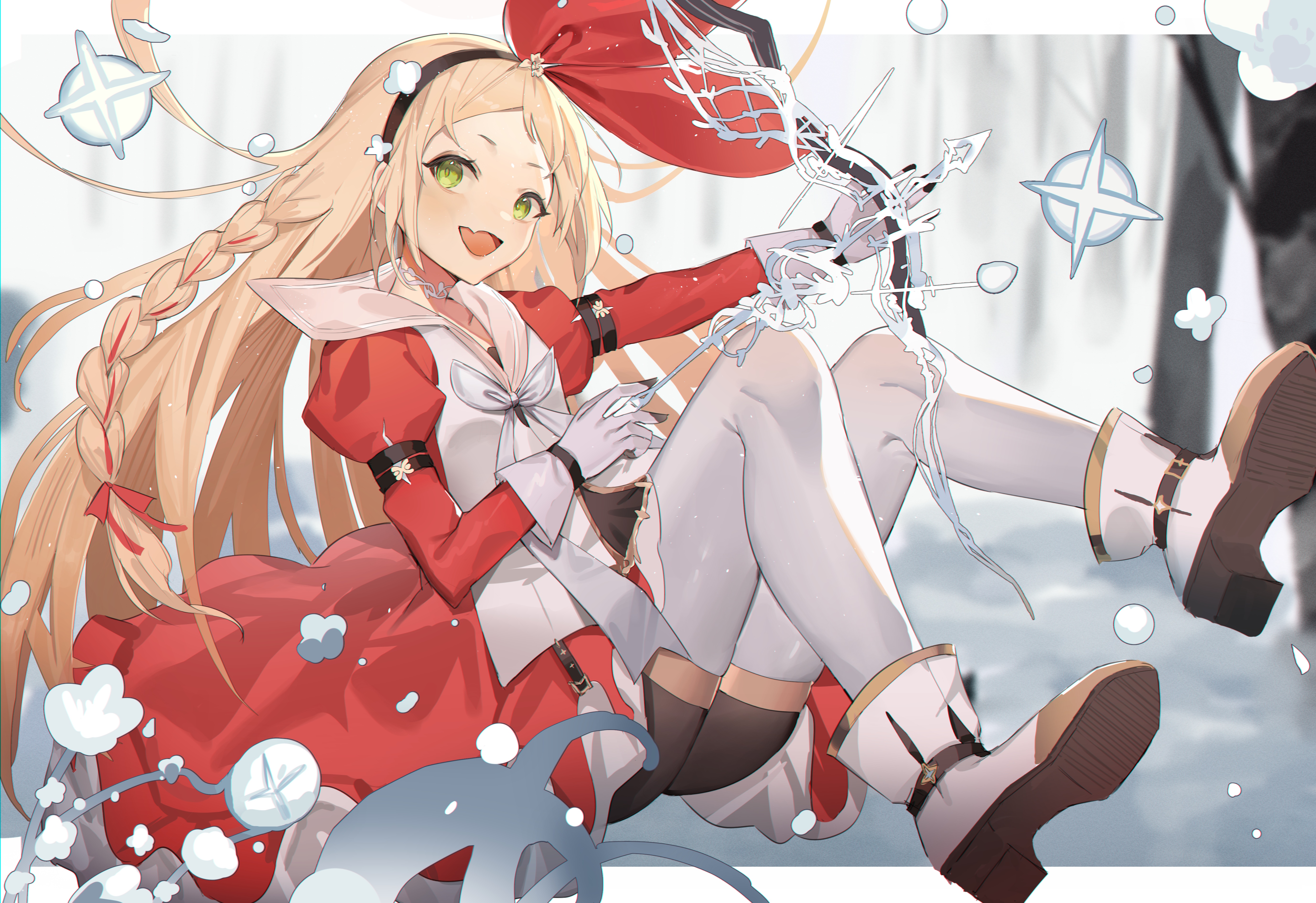 Anime girl with blonde hair and green eyes in a red dress HD Wallpaper