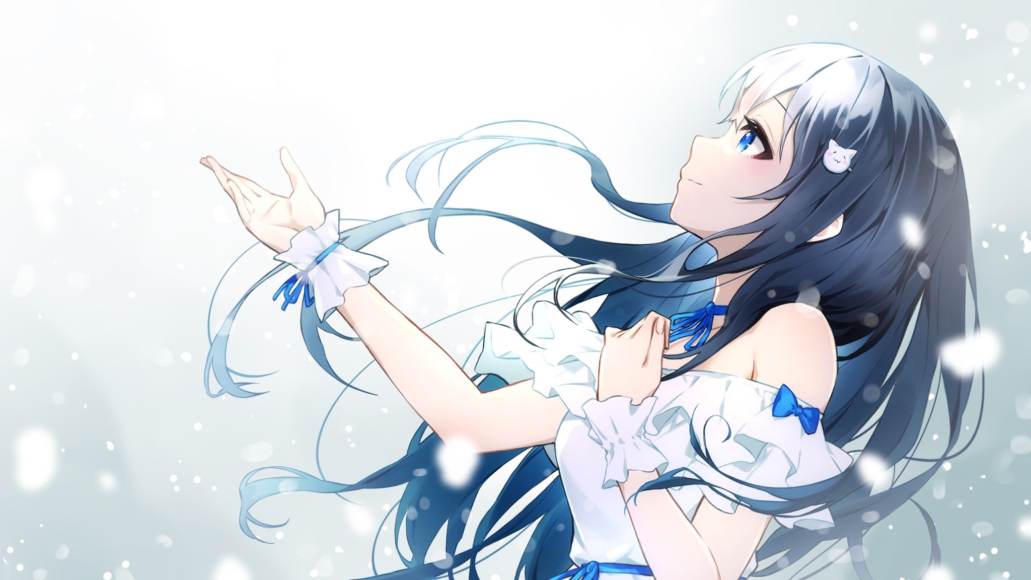 Anime girl with blue eyes looking up HD Wallpaper