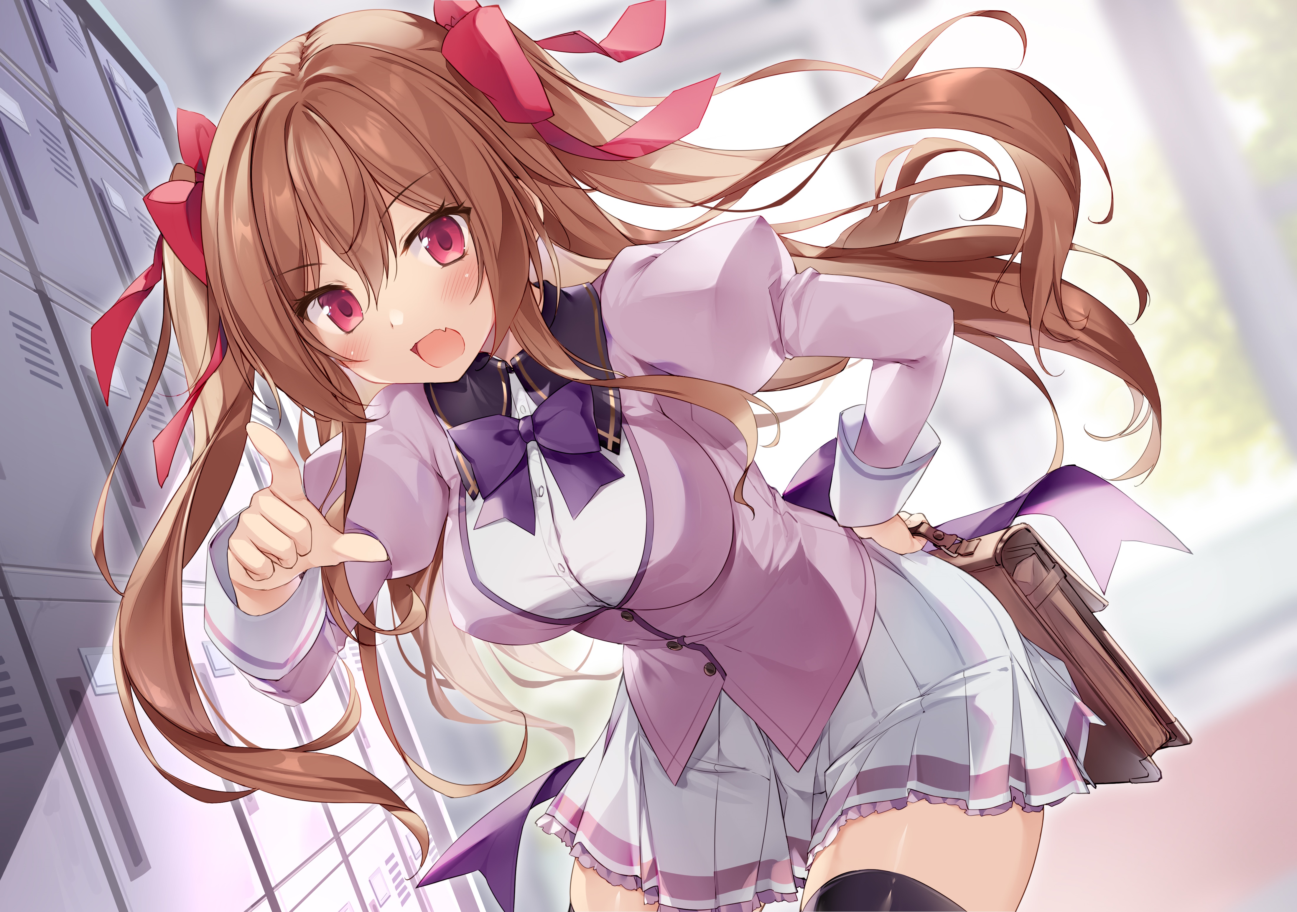 4K anime girl with red eyes and school uniform HD Wallpaper