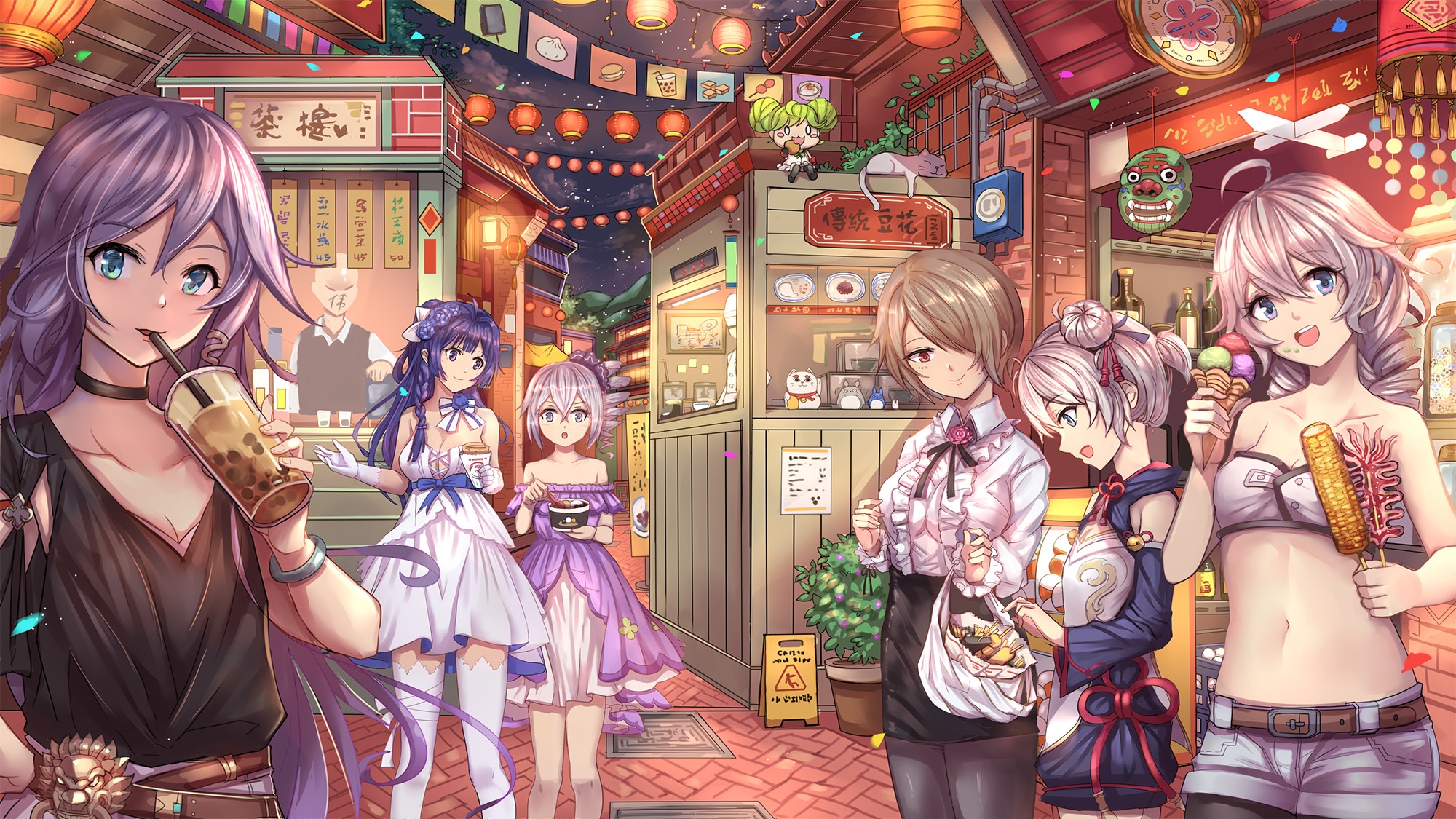 Honkai Impact 3rd characters enjoying street food HD Wallpaper