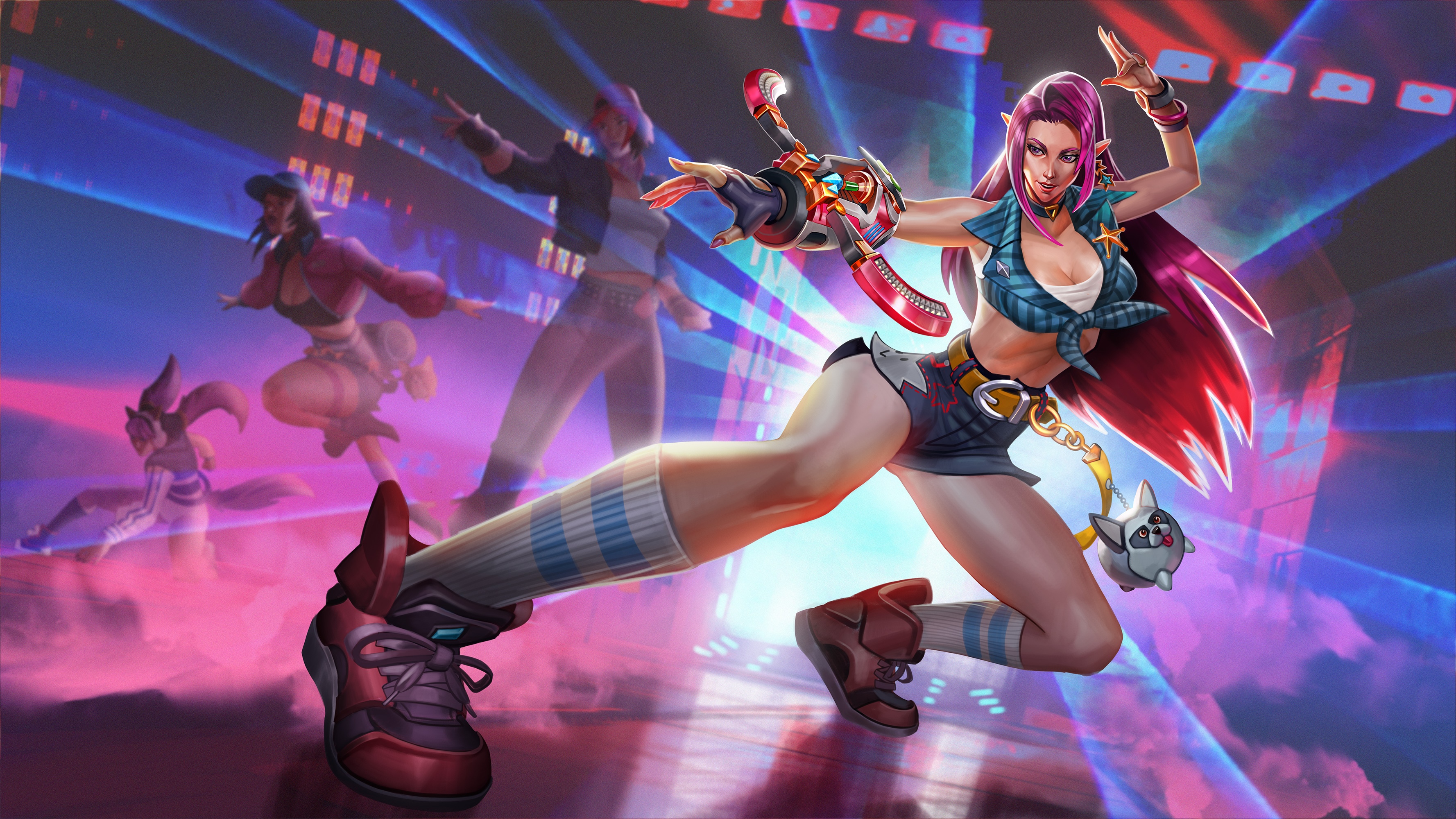 Women dancing in a club with purple hair and jean shorts HD Wallpaper