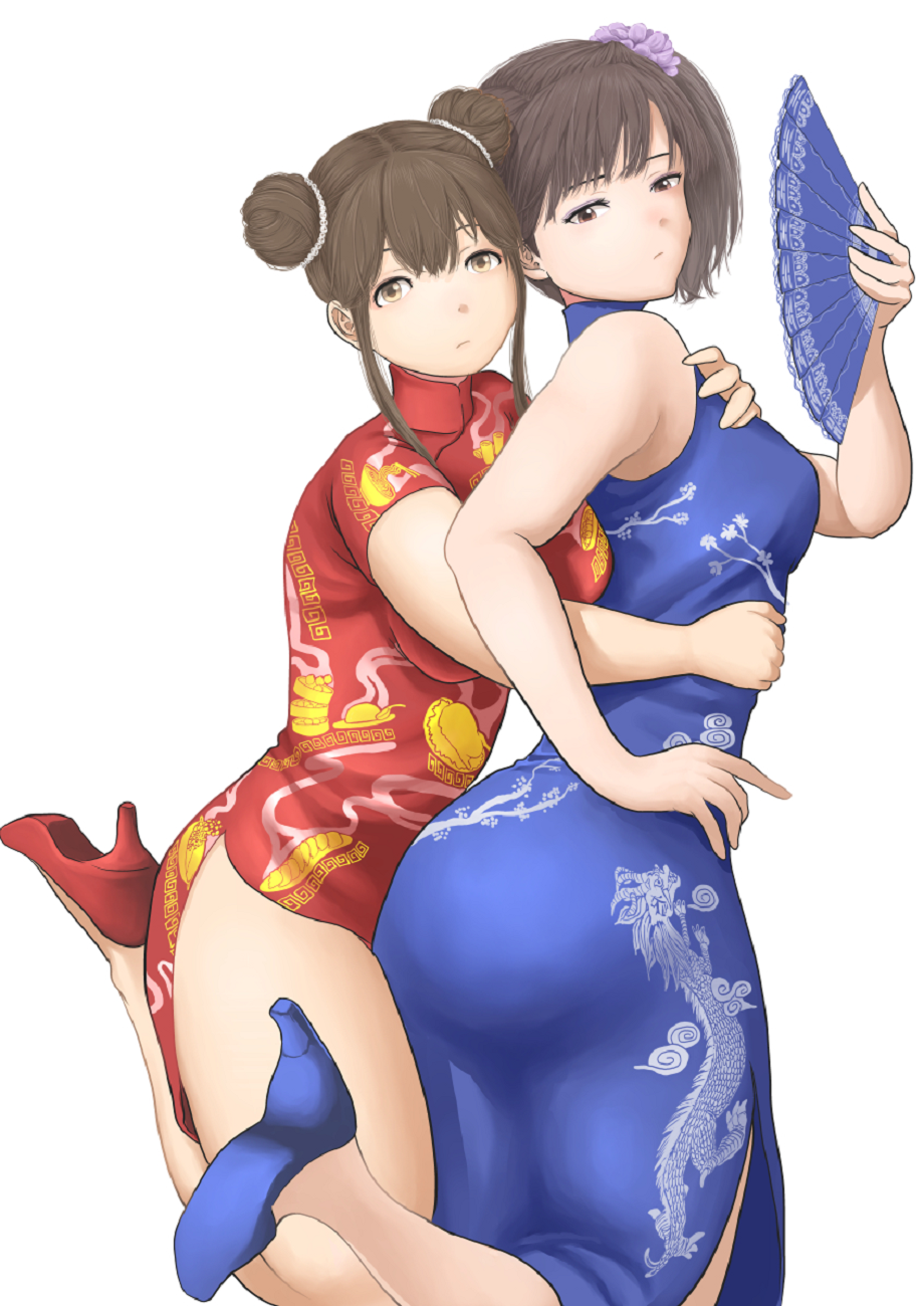 Two anime girls in Chinese dresses hugging HD Phone Wallpaper