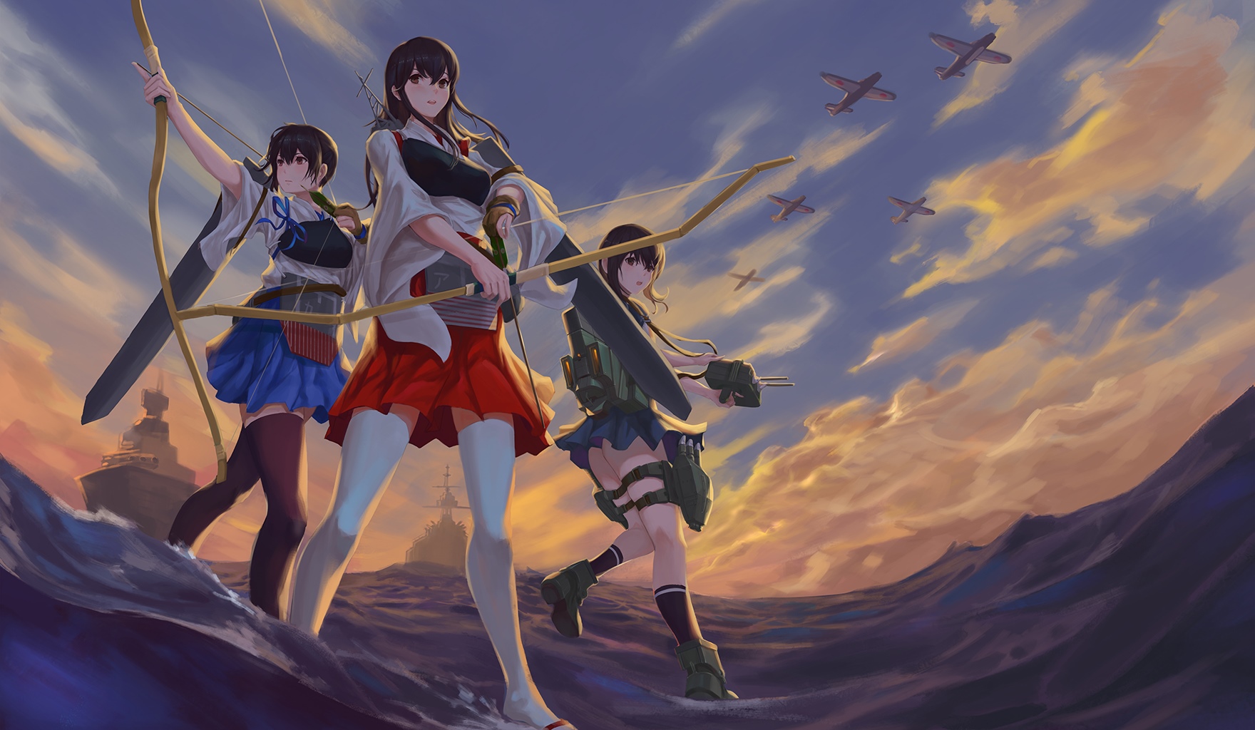 Kantai Collection girls with bows and guns at sea HD Wallpaper