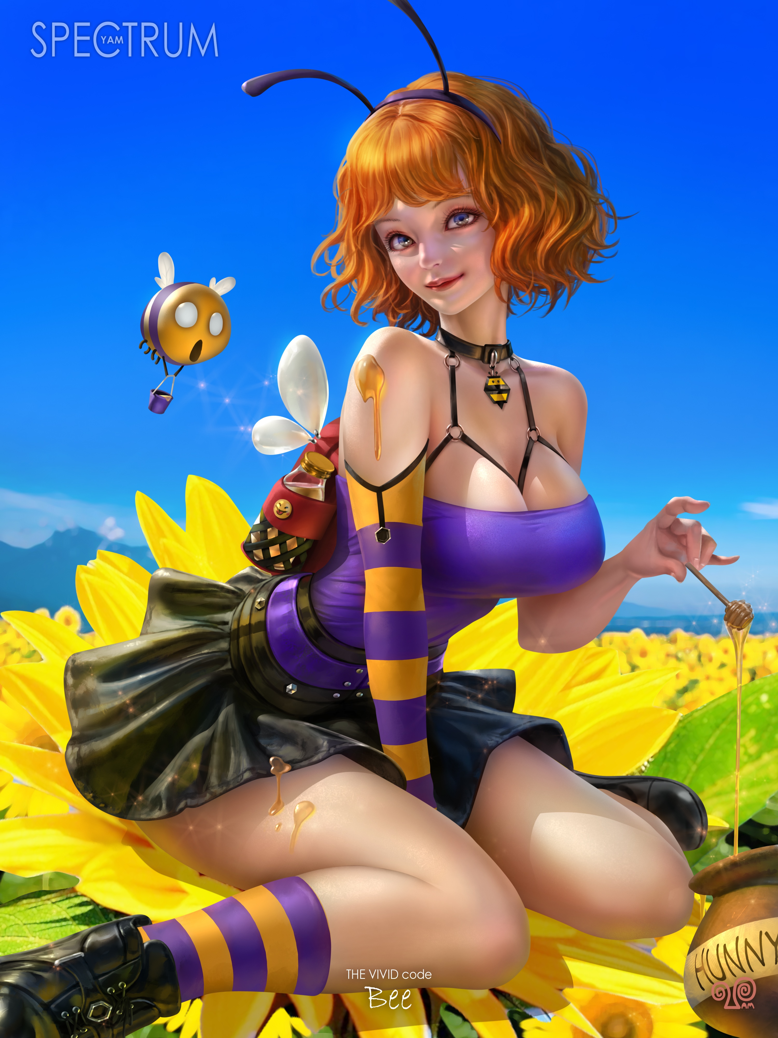 Bee girl with honey dipper on a sunflower HD Phone Wallpaper