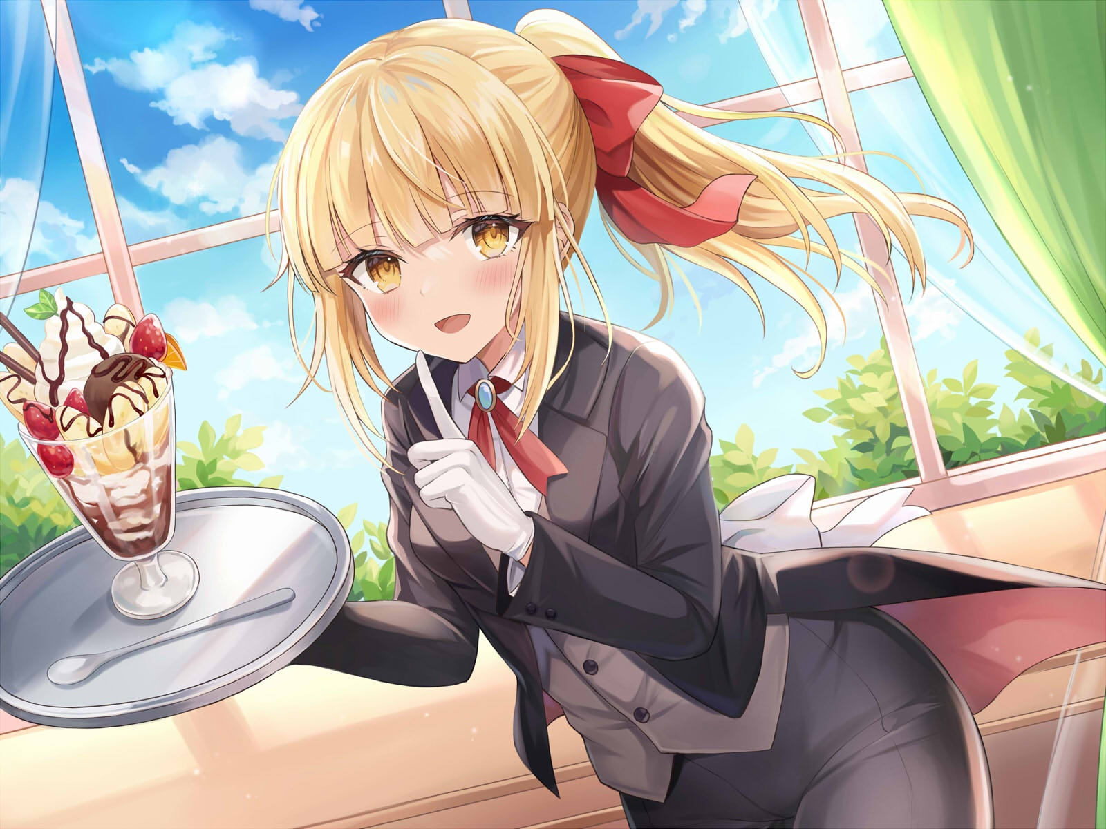 Maid serving a parfait with a spoon HD Wallpaper