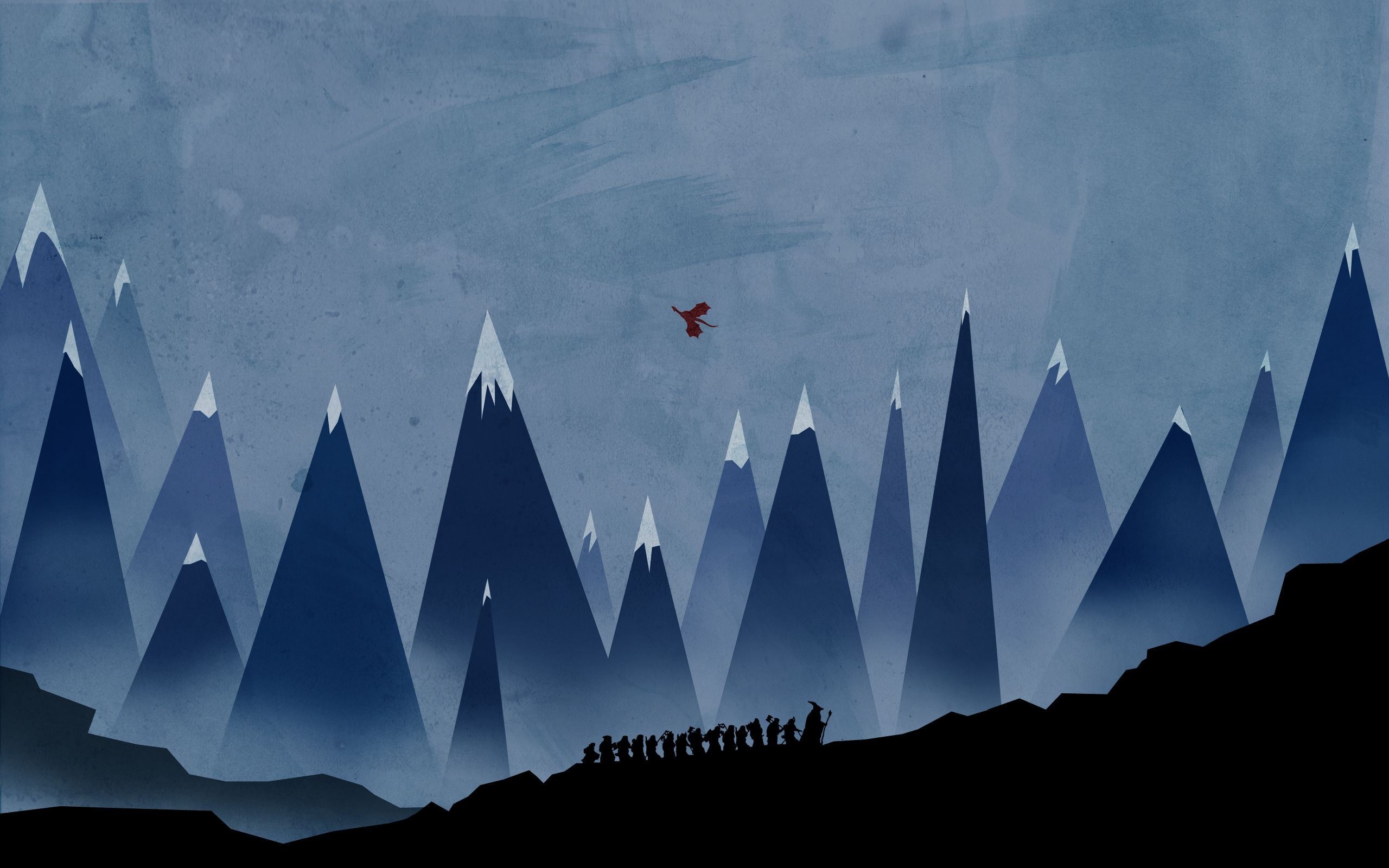 The Hobbit: A Fellowship travels through mountains under a dragon HD Wallpaper