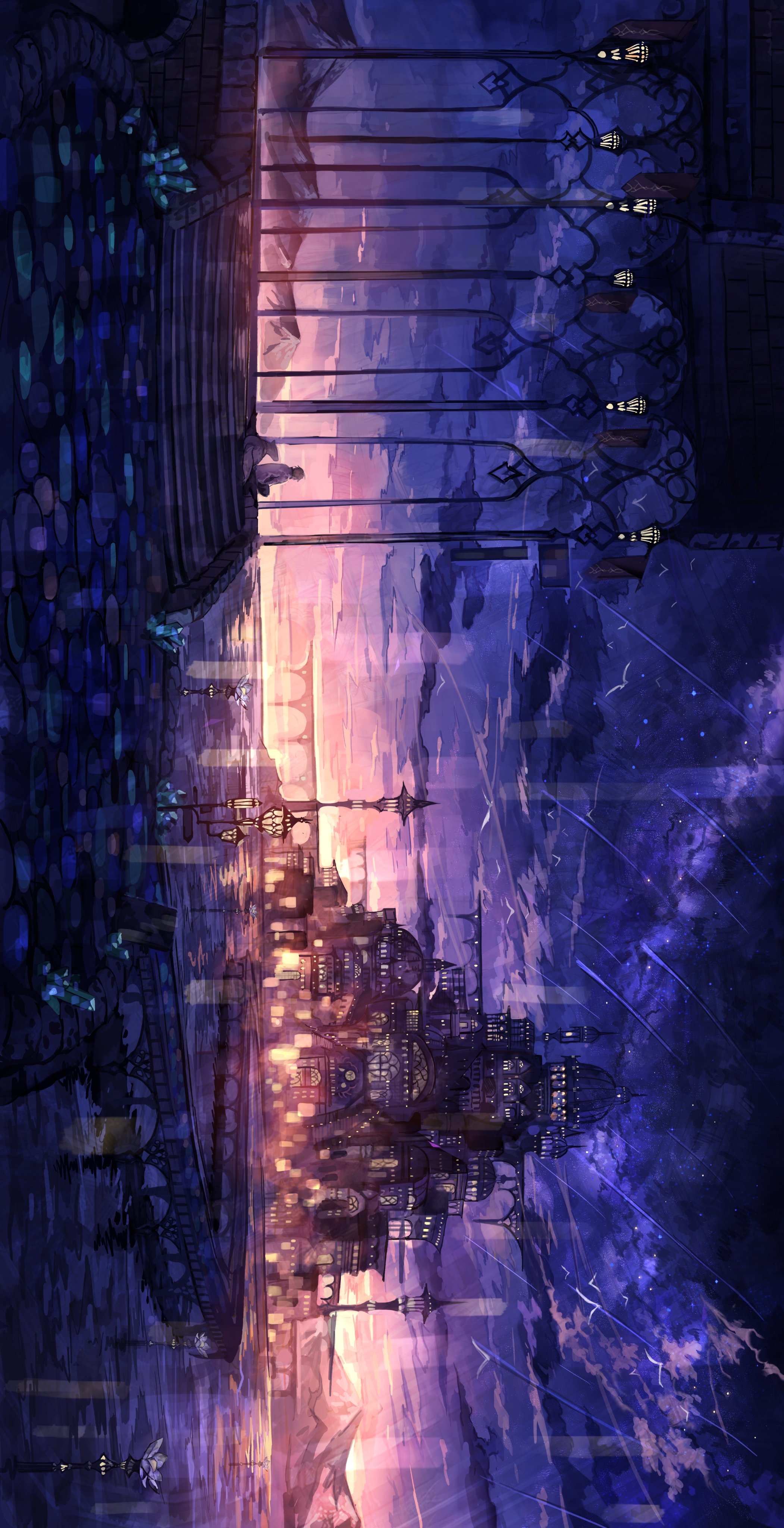 Fantasy city at twilight with a bridge and city lights HD Phone Wallpaper