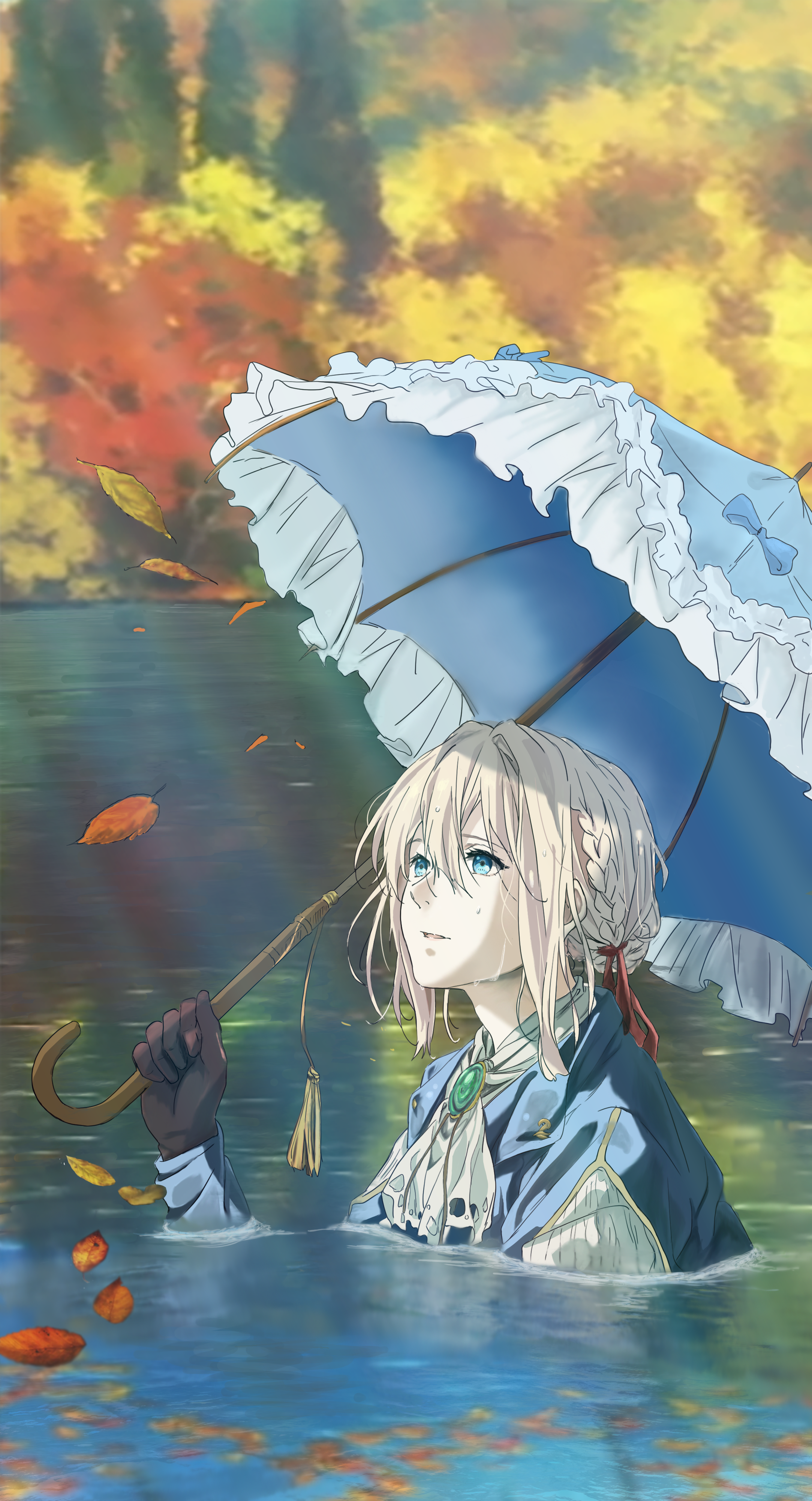 Violet Evergarden with Umbrella in Autumn Water HD Phone Wallpaper