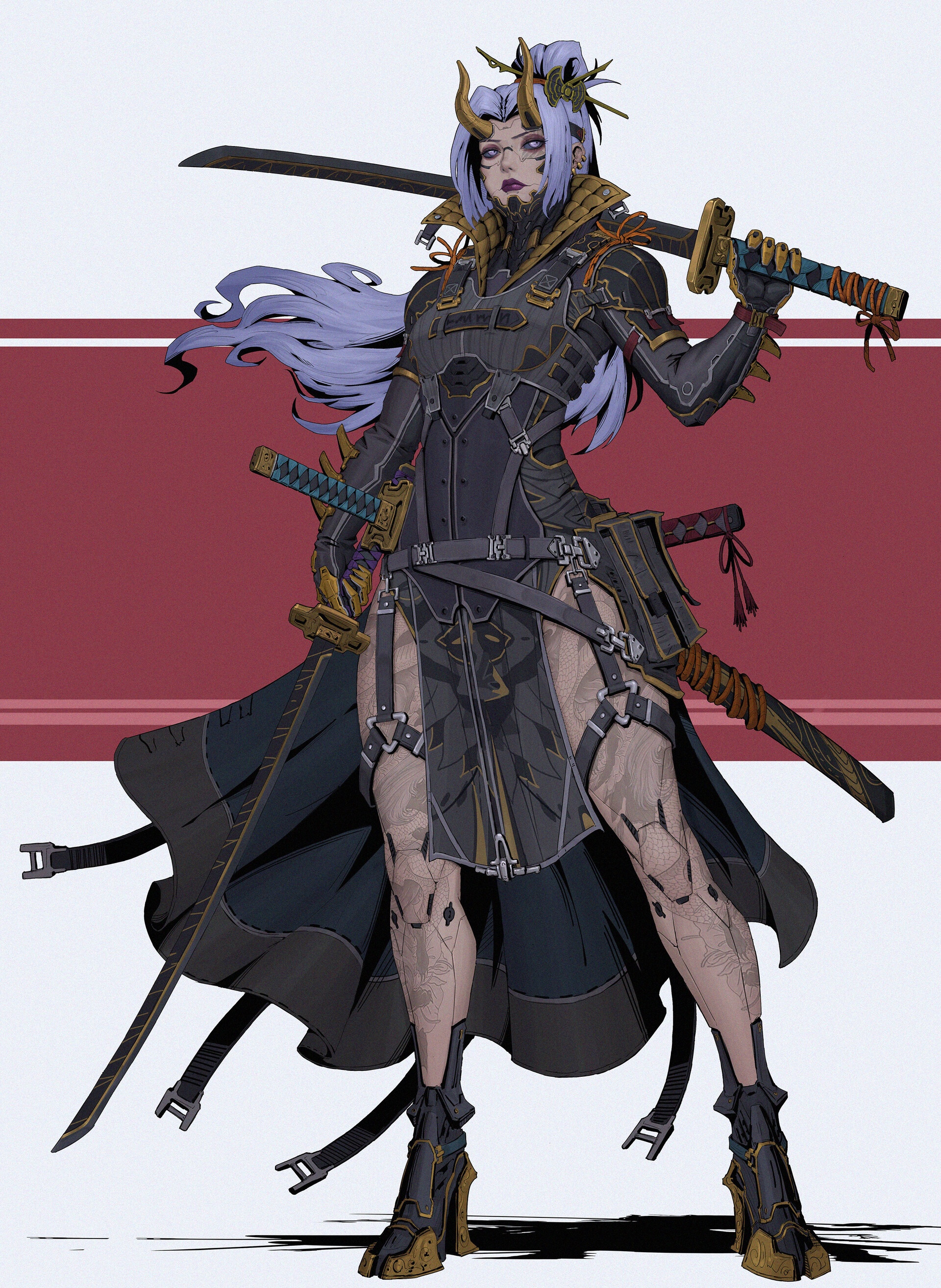 Fantasy art of a woman with horns and swords HD Phone Wallpaper