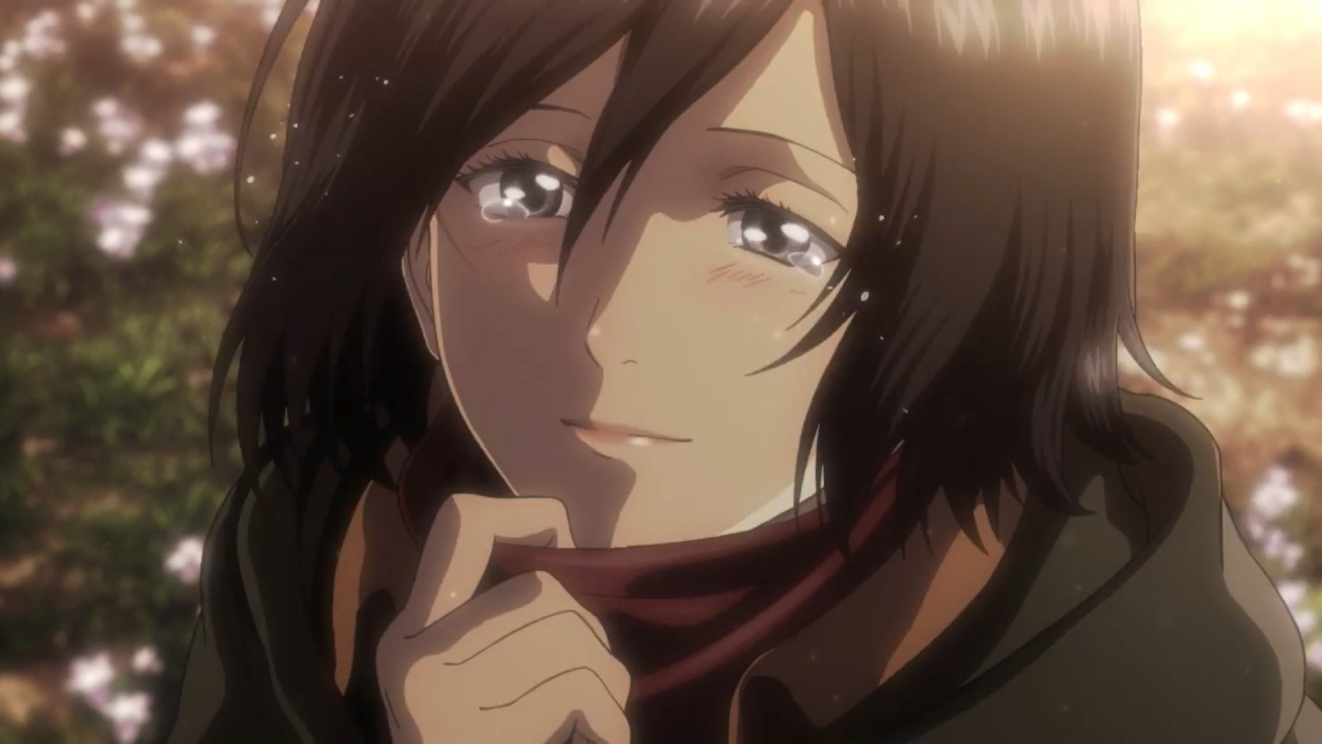 Mikasa Ackerman crying in a garden HD Wallpaper