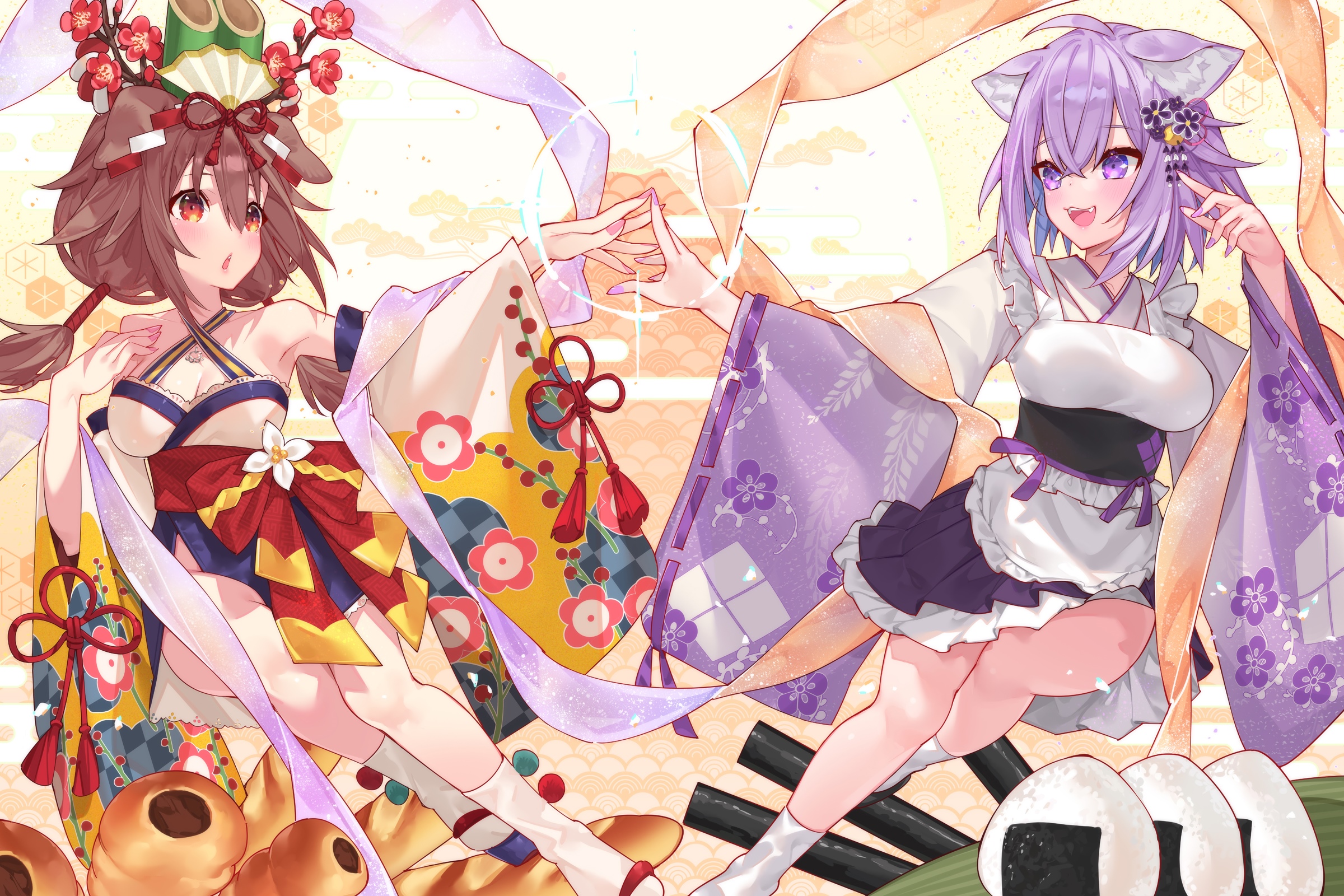 Two anime girls in kimonos with food HD Wallpaper
