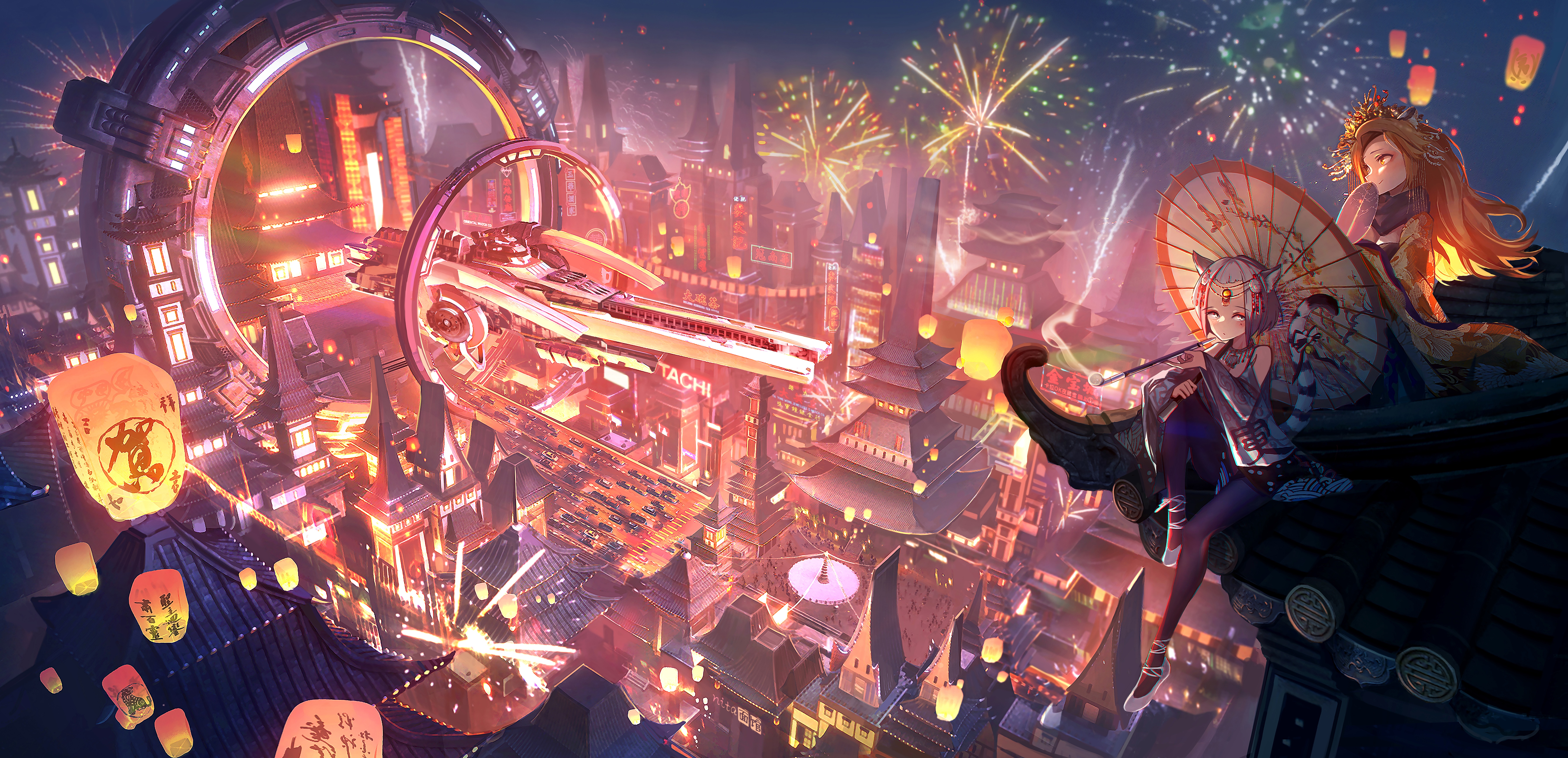 Futuristic Cityscape with Fireworks and Lanterns HD Wallpaper