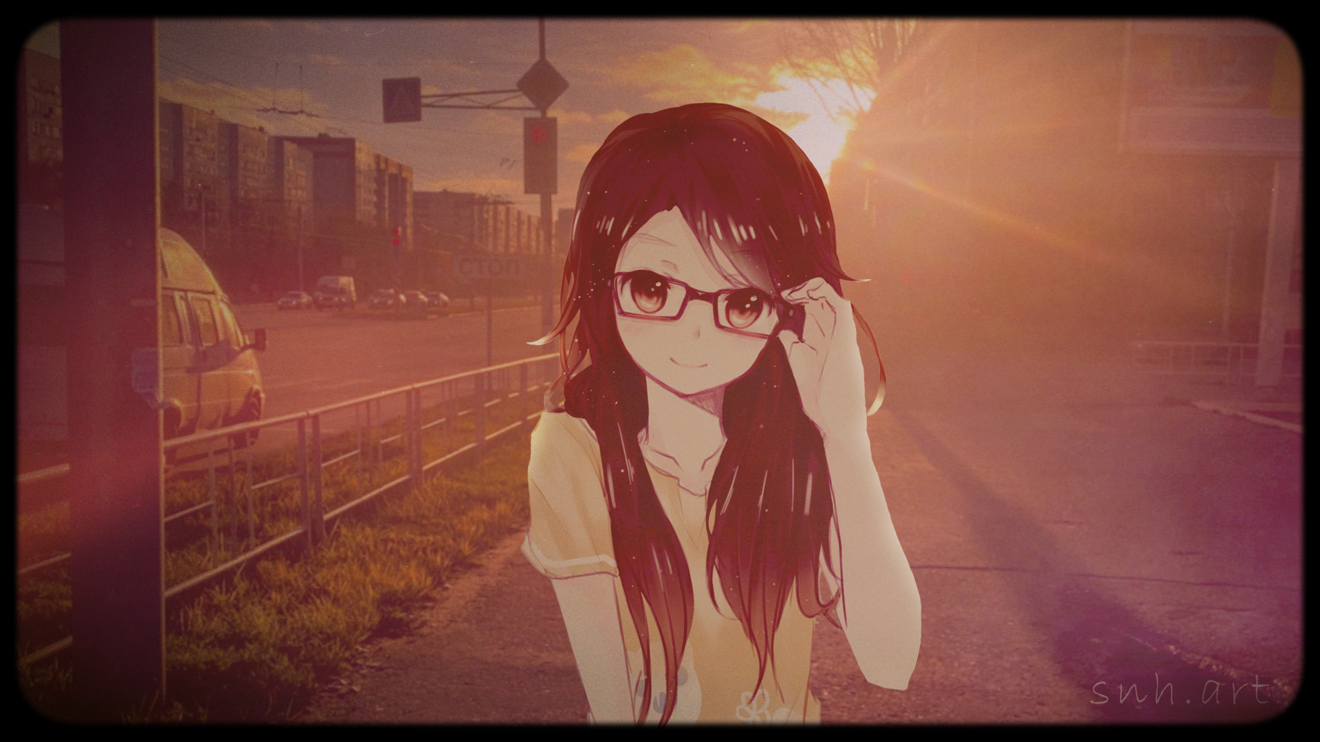 Anime girl with glasses at sunset HD Wallpaper