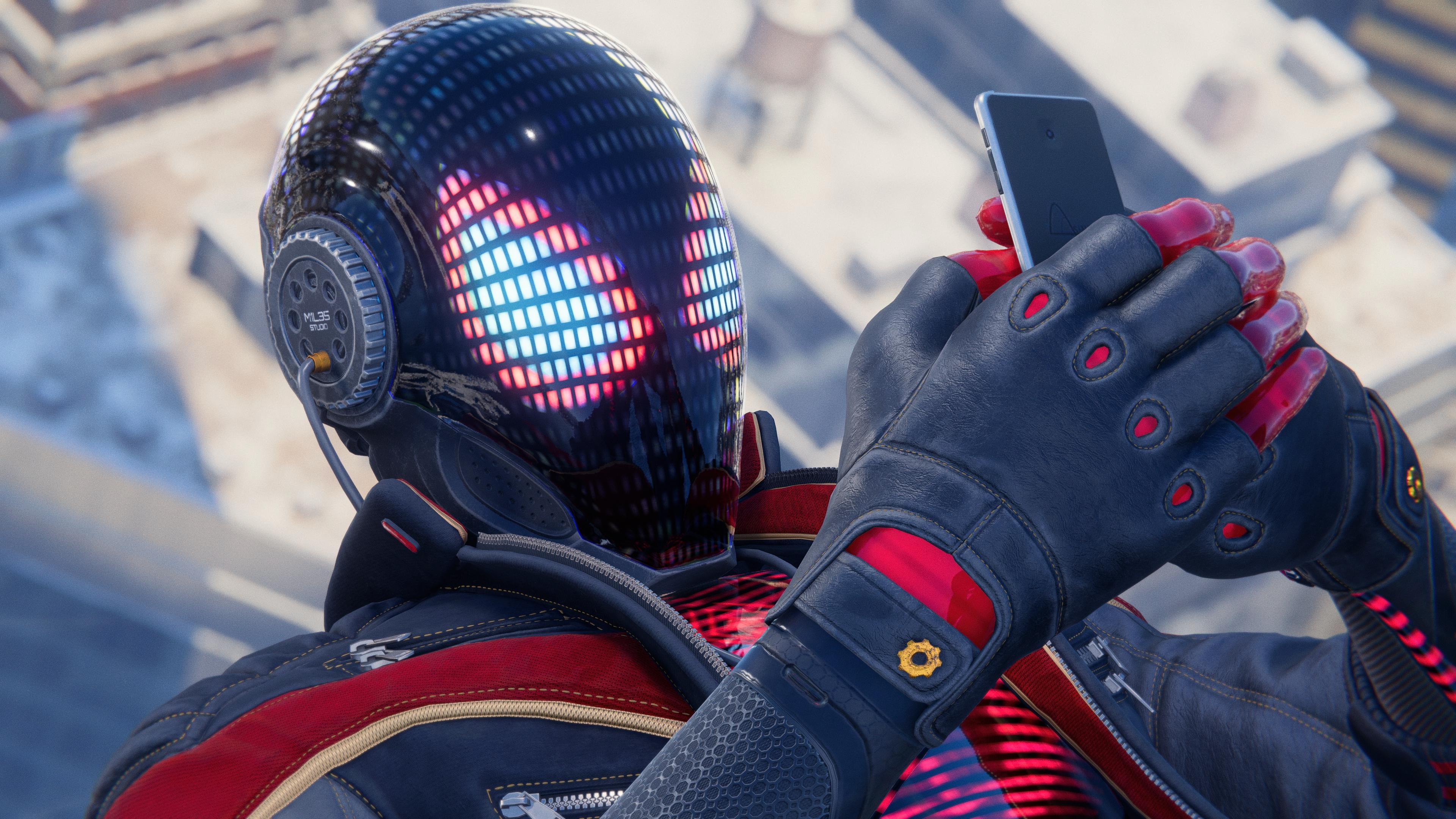 Spider-Man Miles Morales holding a phone HD Wallpaper