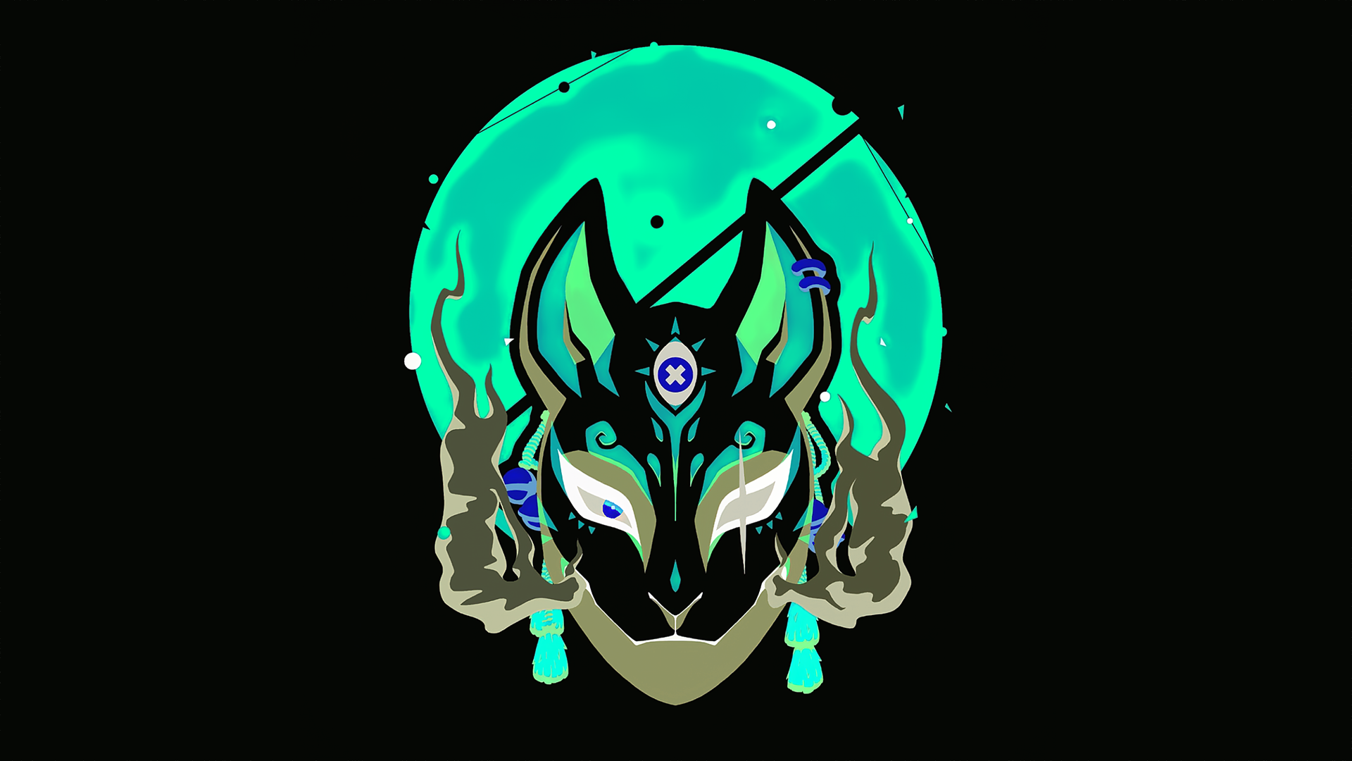 Abstract fox spirit with teal moon HD Wallpaper