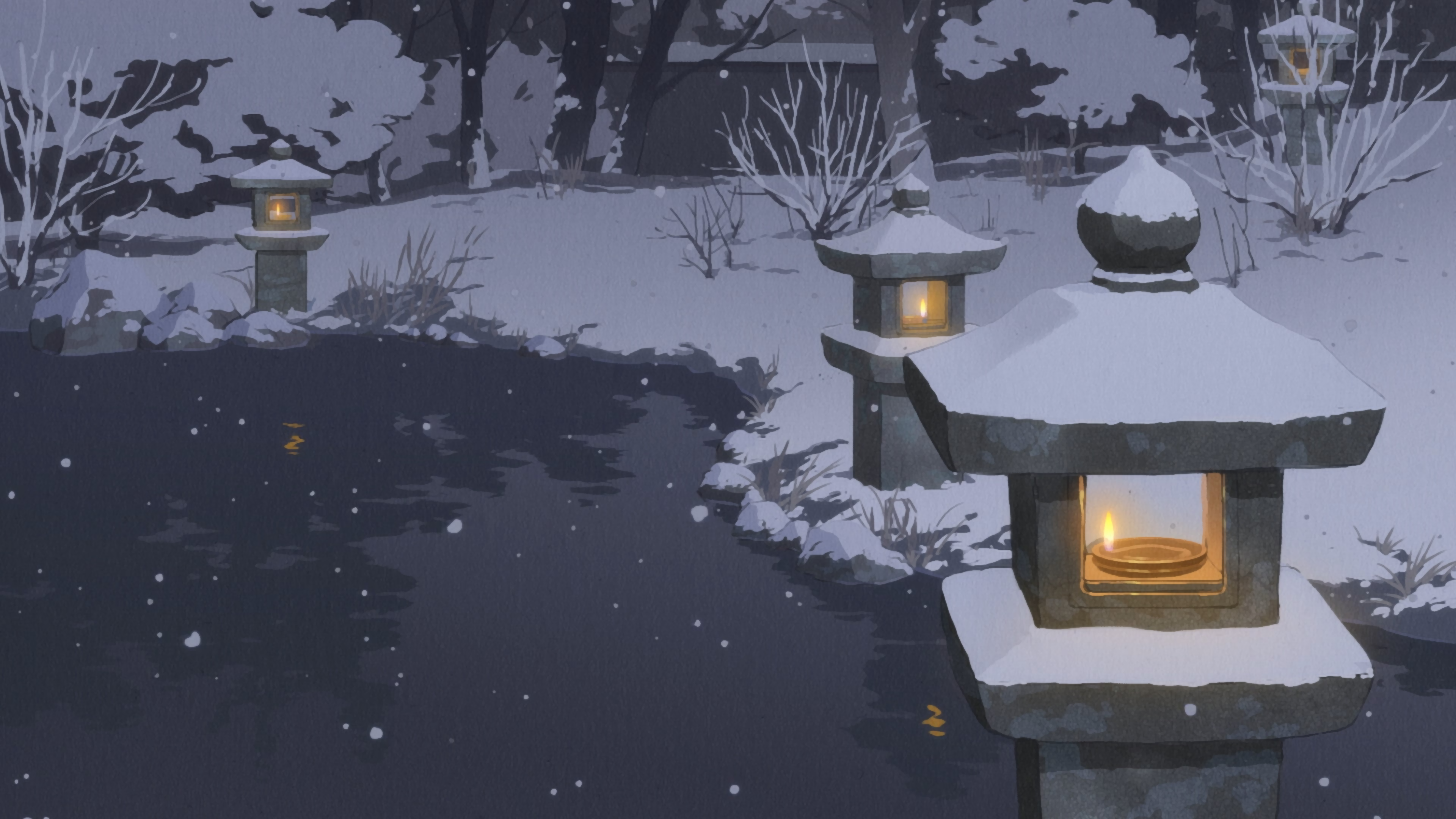 Snowing Japanese Garden with Lanterns by Pond HD Wallpaper