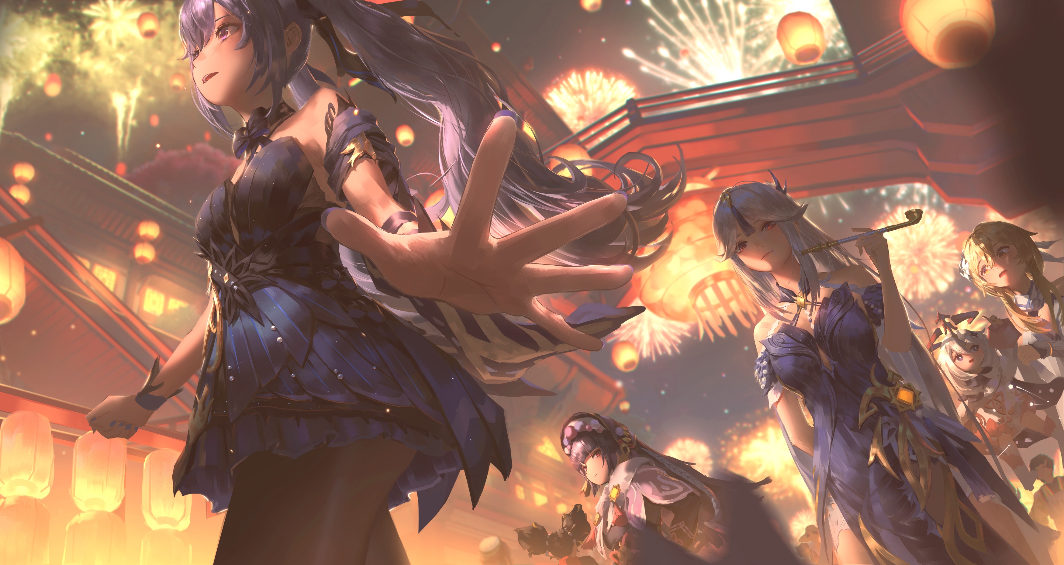 Genshin Impact characters at Liyue Harbor with fireworks HD Wallpaper