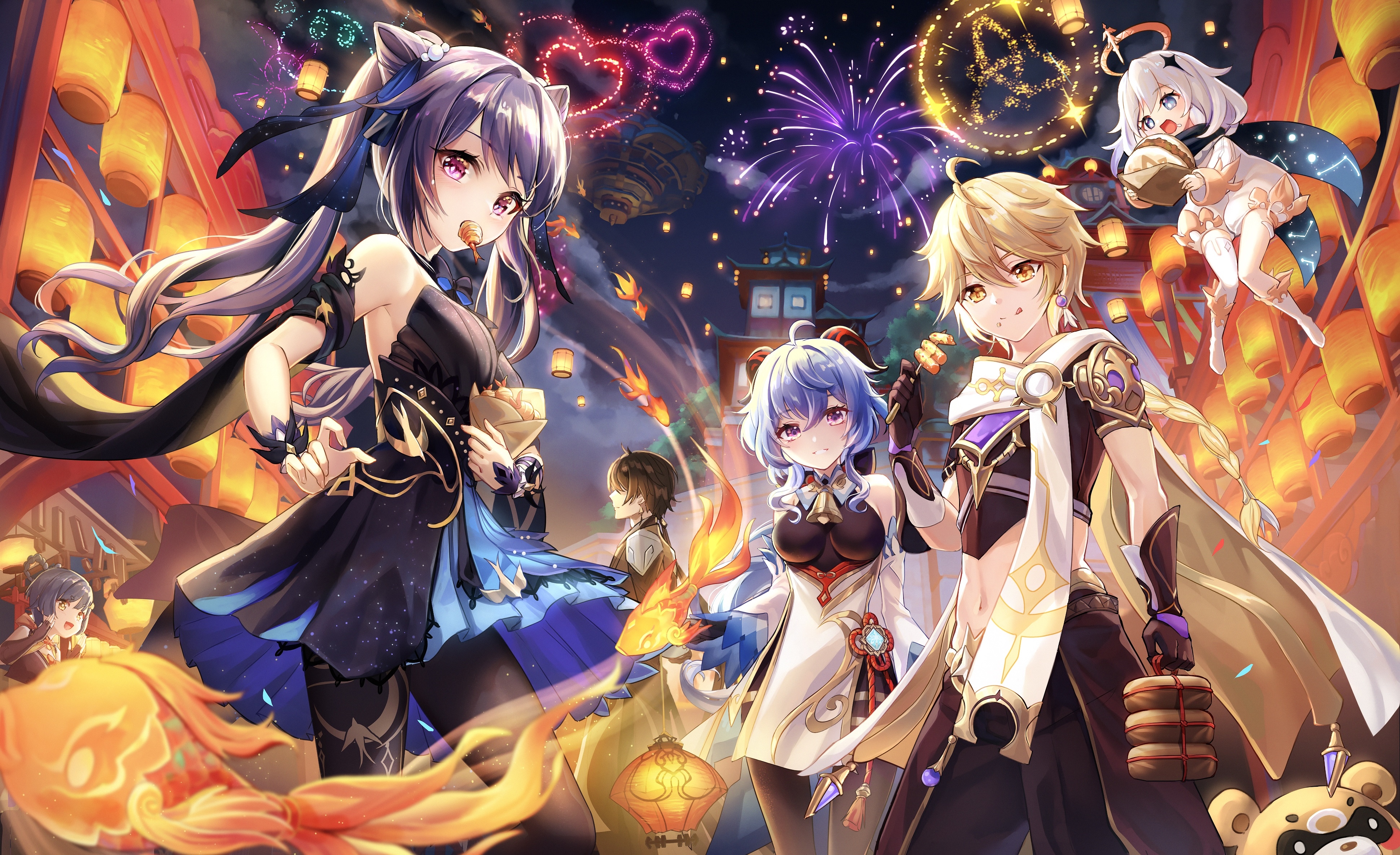Genshin Impact: Keqing, Ganyu, Aether, and Paimon HD Wallpaper