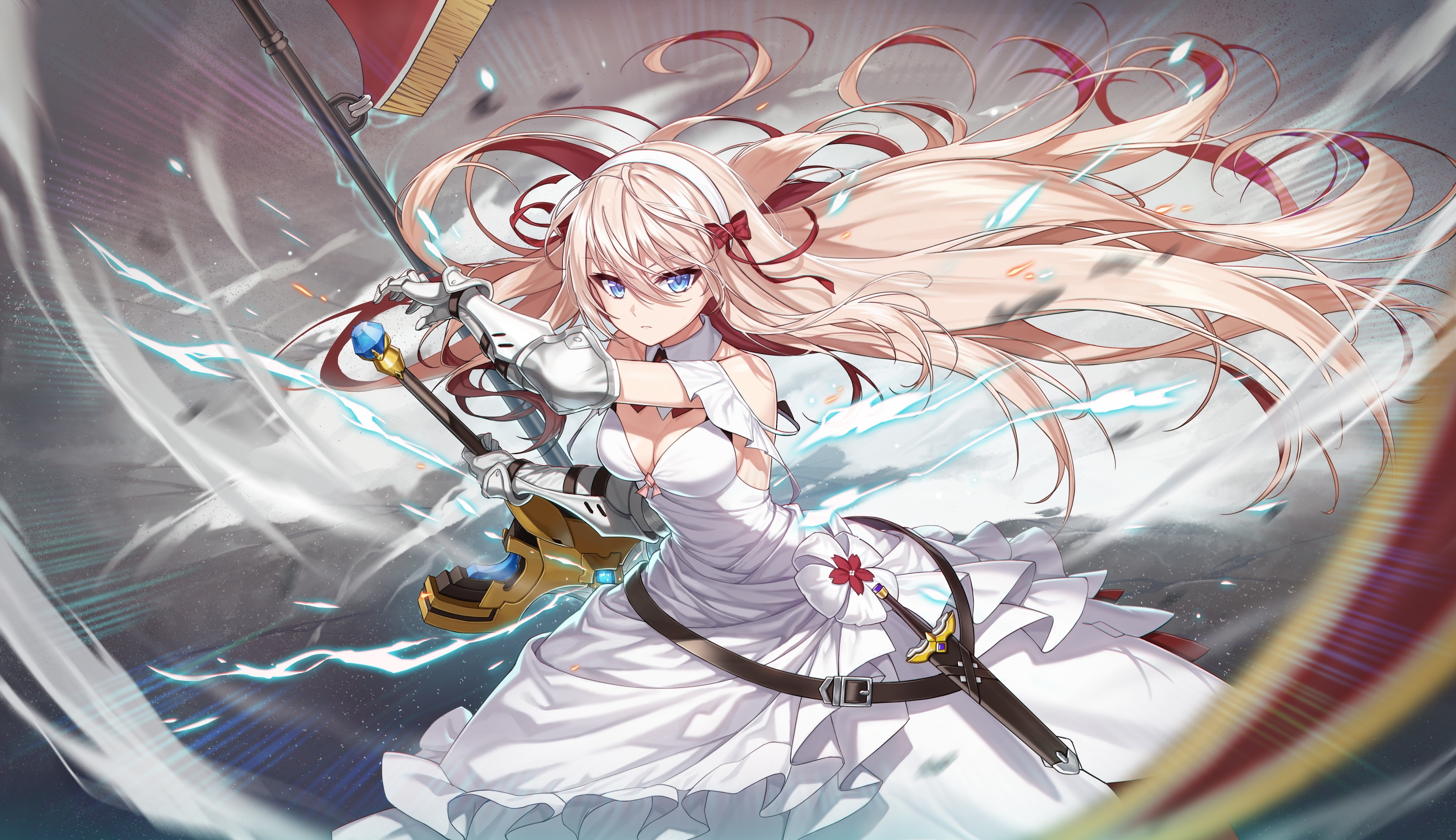 Anime girl in white dress with sword and flag HD Wallpaper