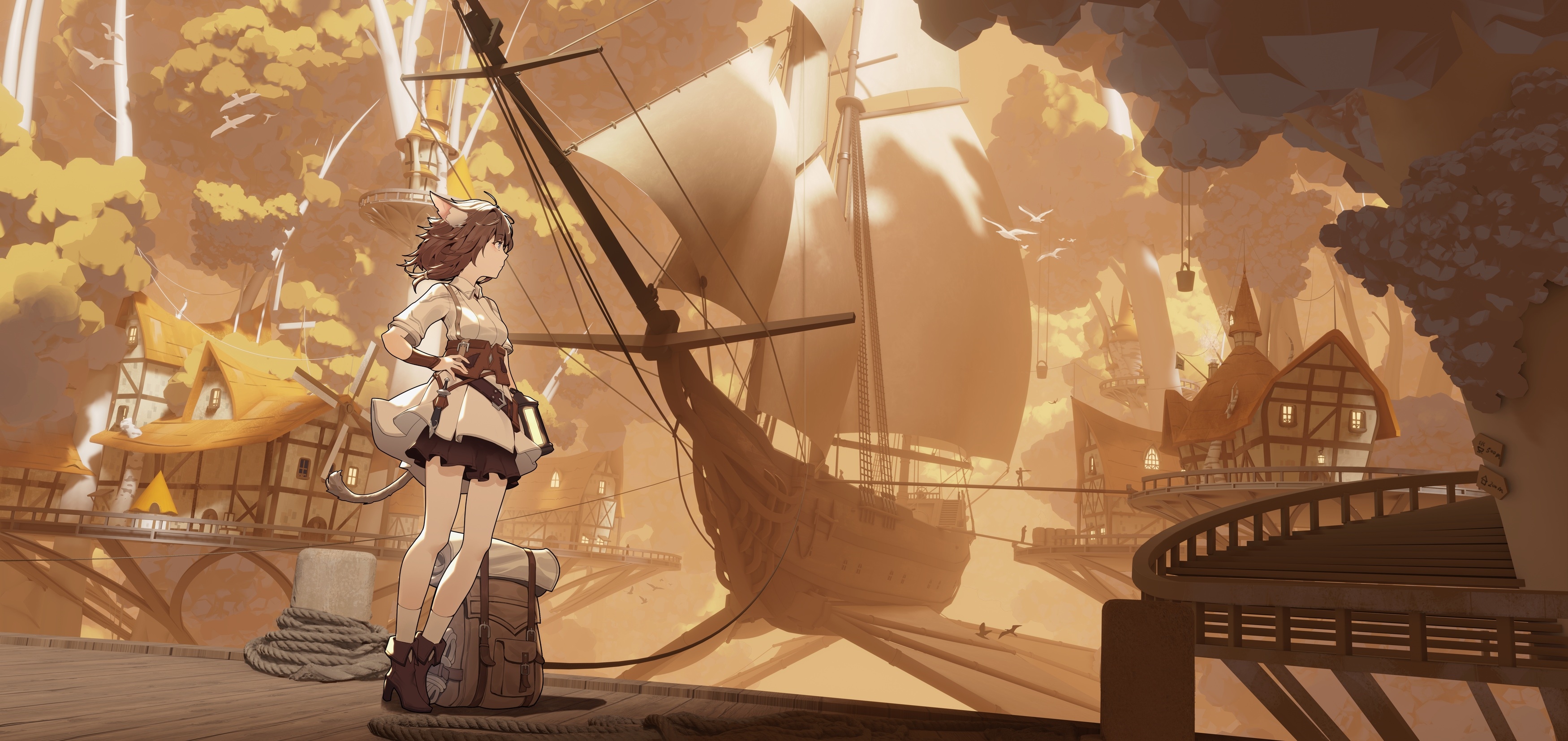Cat girl with a backpack on a dock with a ship HD Wallpaper