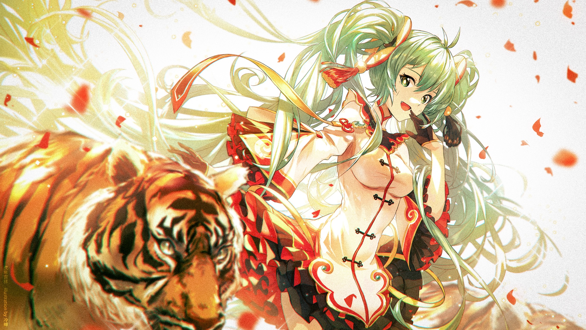Anime girl with tiger and falling petals HD Wallpaper