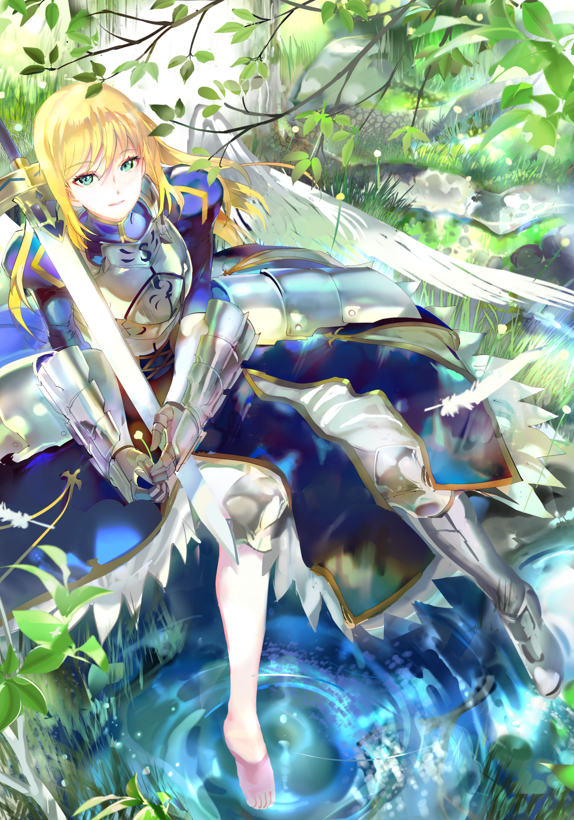 Saber Artoria Pendragon with Excalibur in a forest HD Phone Wallpaper