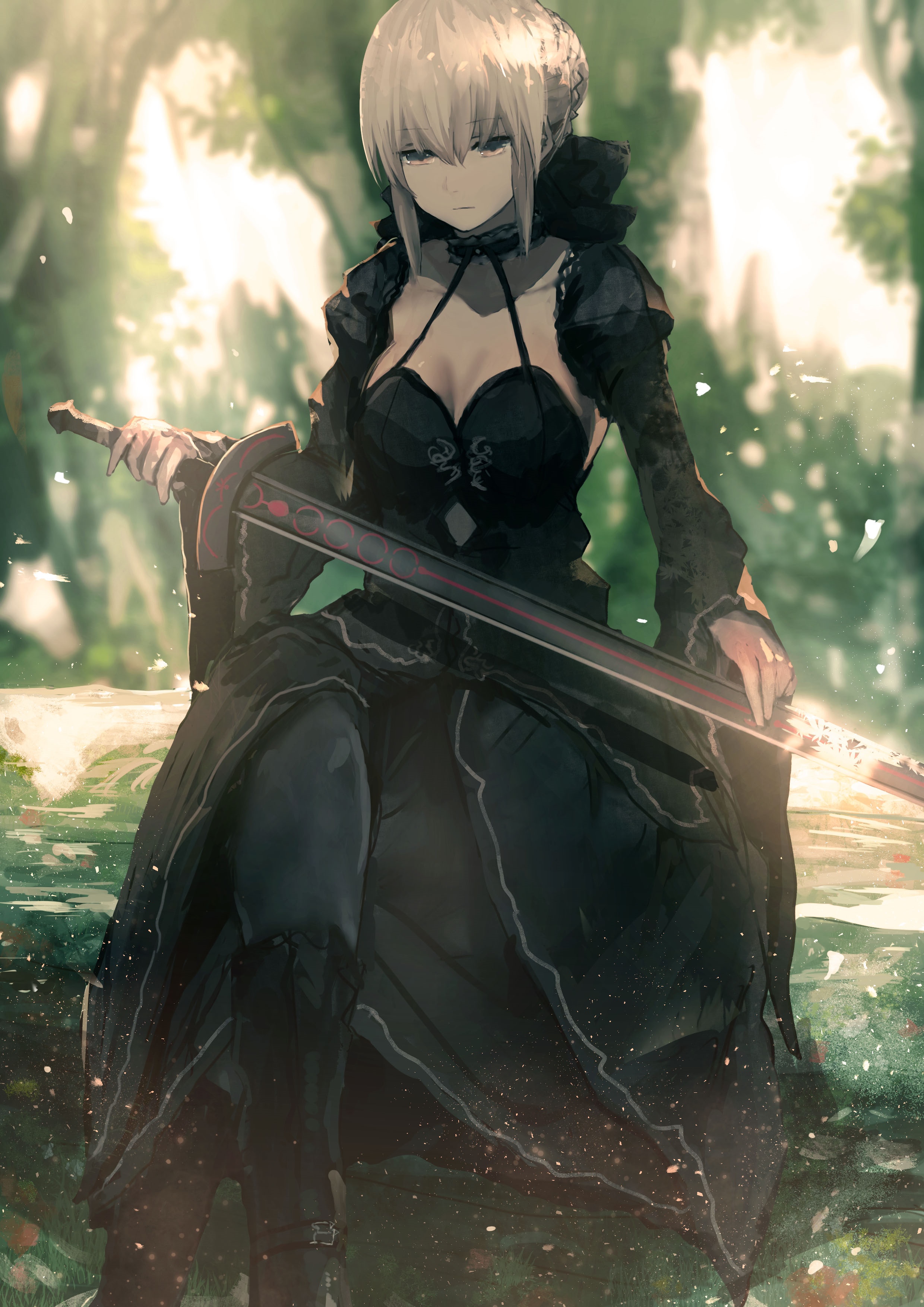 Saber Alter holding Excalibur in a forest HD Phone Wallpaper