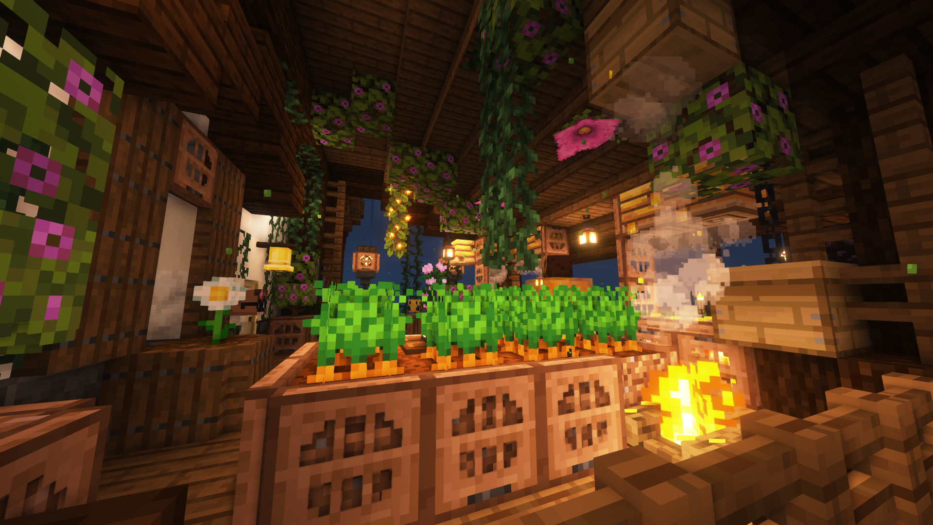 Minecraft screenshot of a greenhouse with crops and fire HD Wallpaper