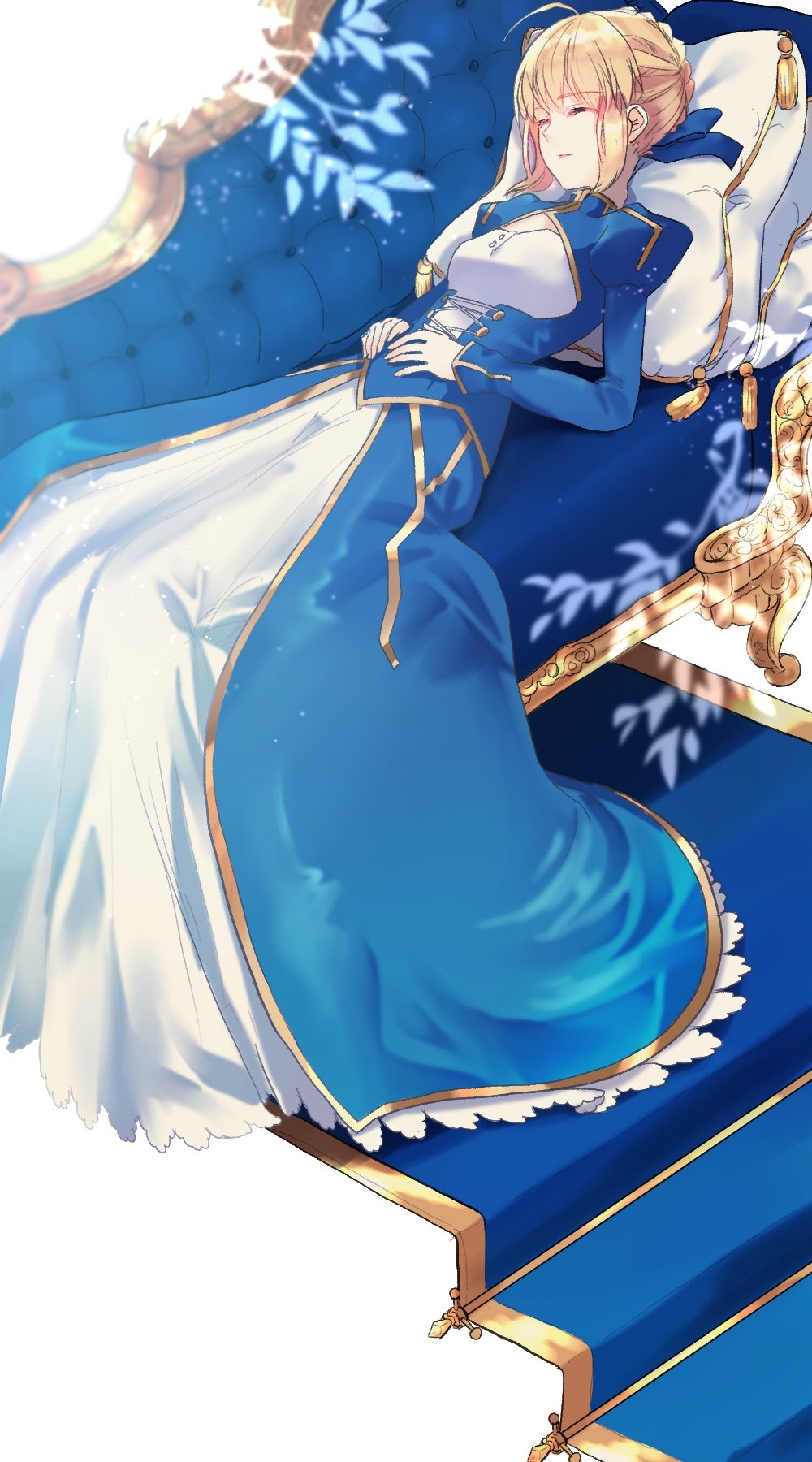 Artoria Pendragon in a blue dress on a blue couch HD Phone Wallpaper