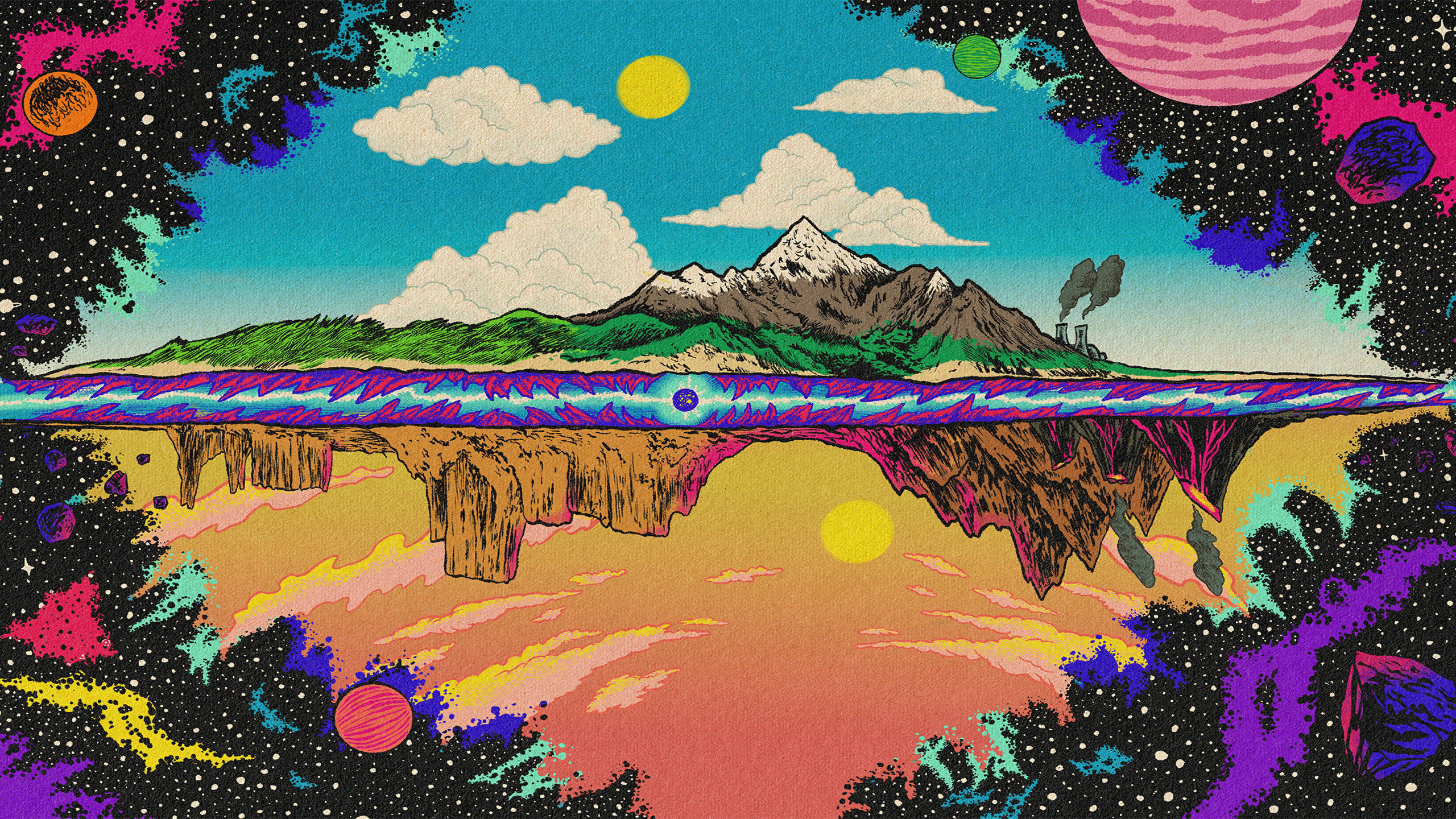 Surreal cosmic landscape with mountains and planets HD Wallpaper