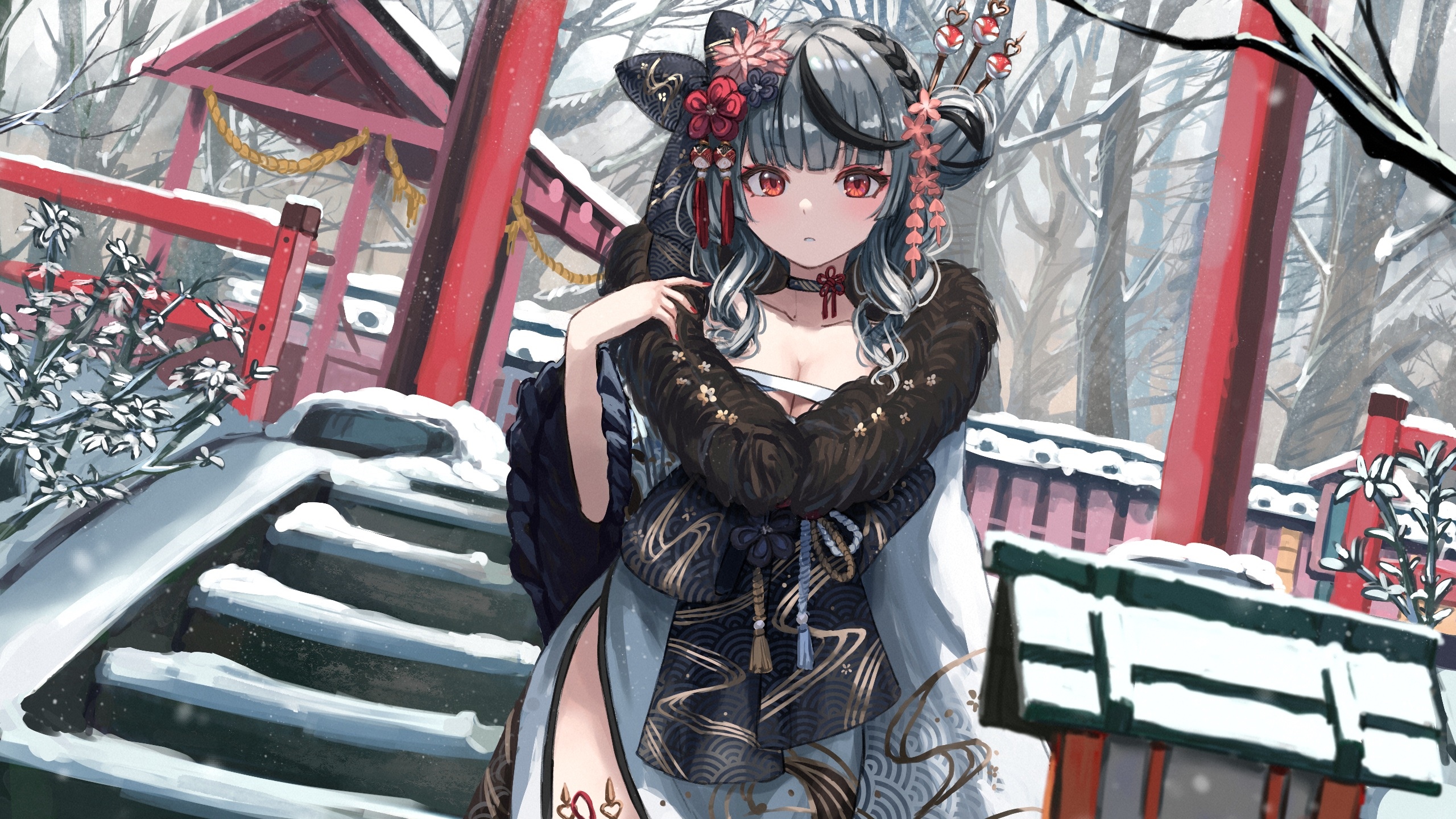 Sakamata Chloe in a snowy shrine HD Wallpaper