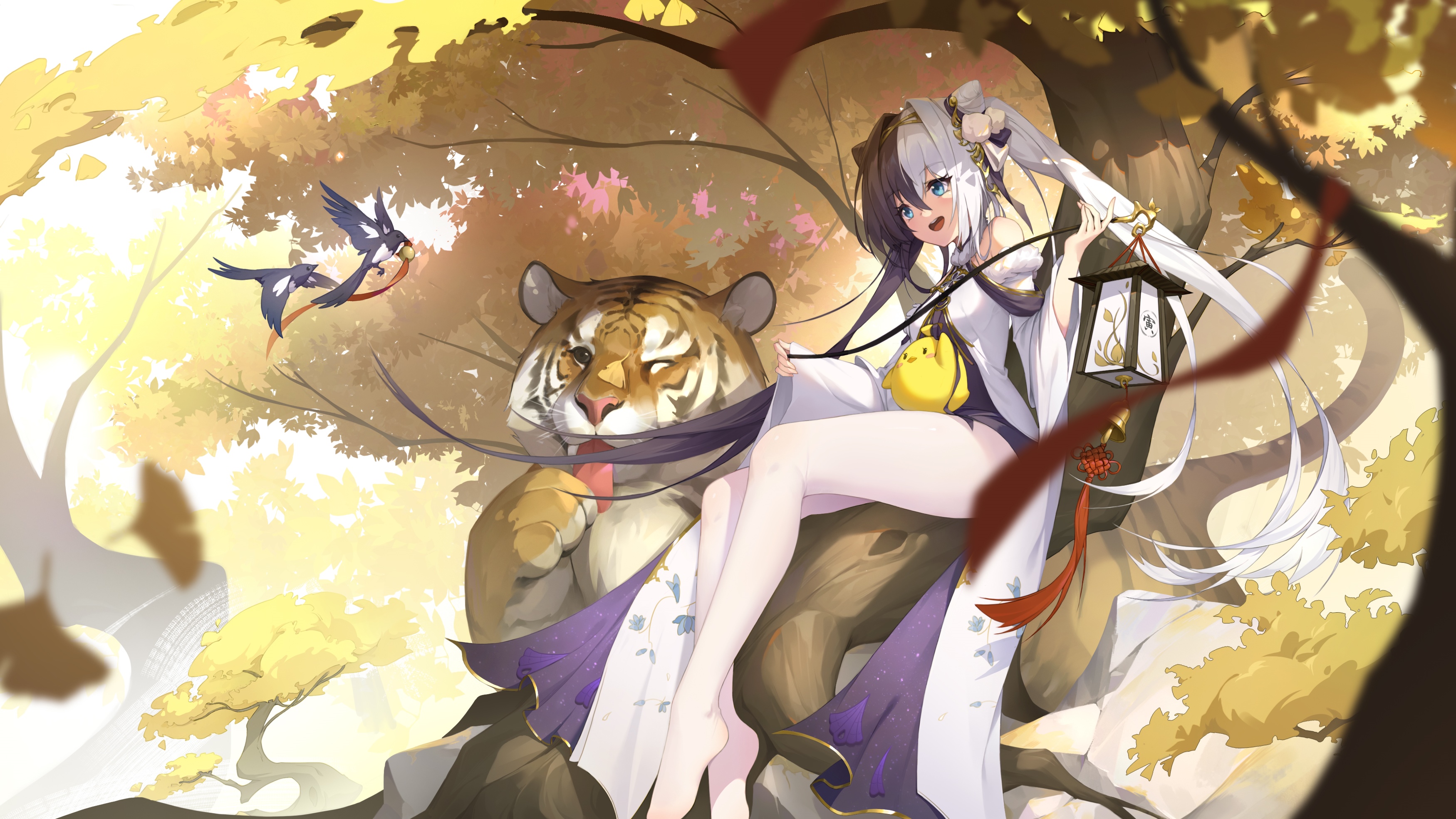 Anime girl with tiger and birds in autumn forest HD Wallpaper