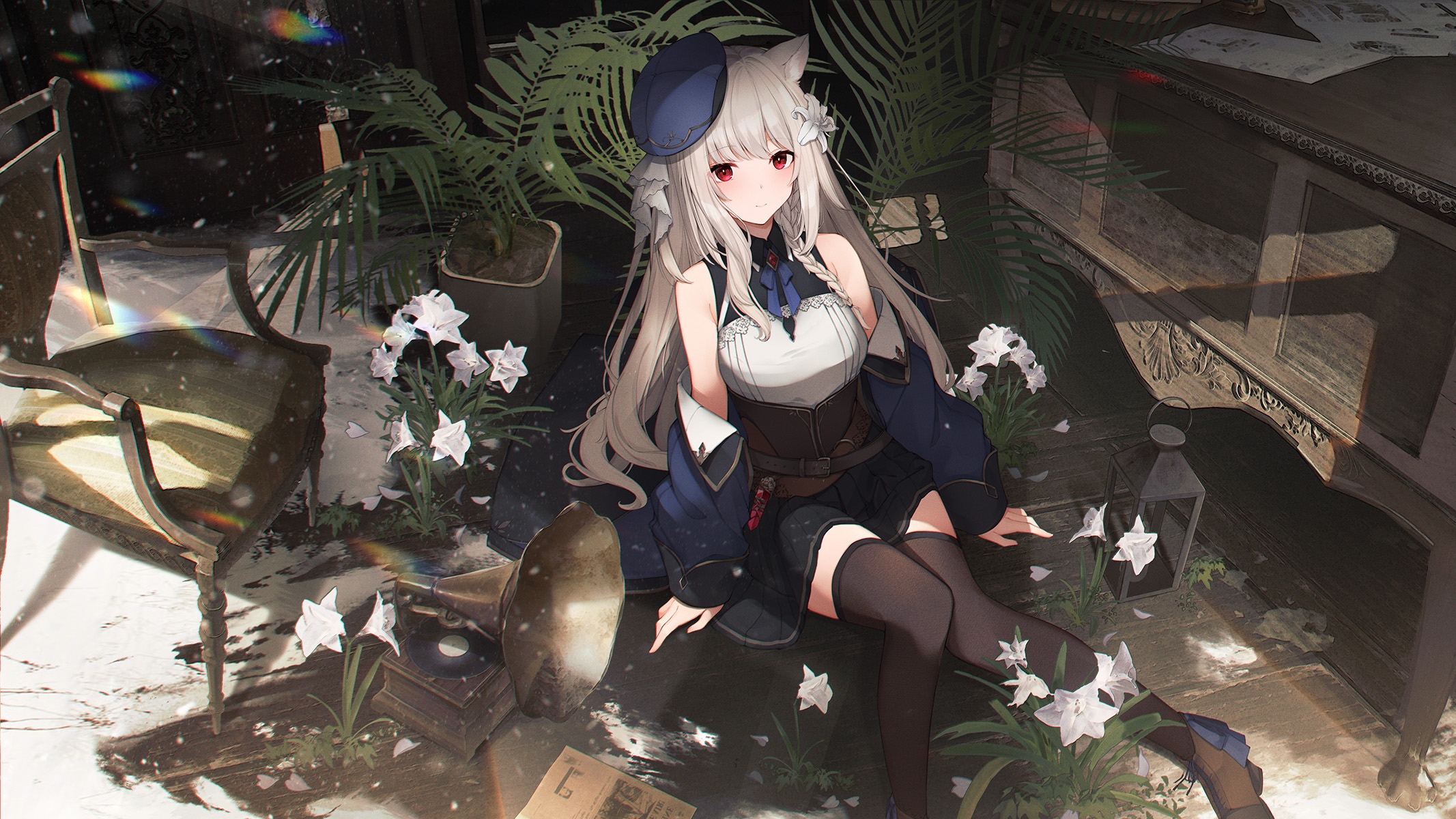 Anime girl with cat ears and red eyes sitting near plants HD Wallpaper