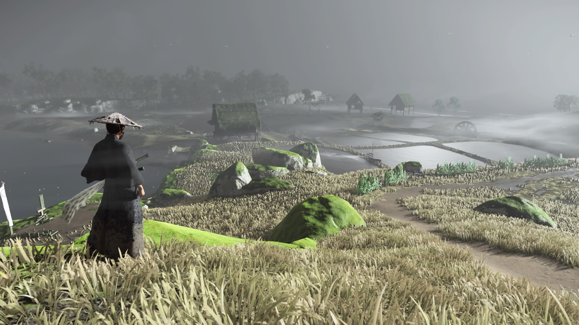Ghost of Tsushima samurai overlooking a misty landscape HD Wallpaper