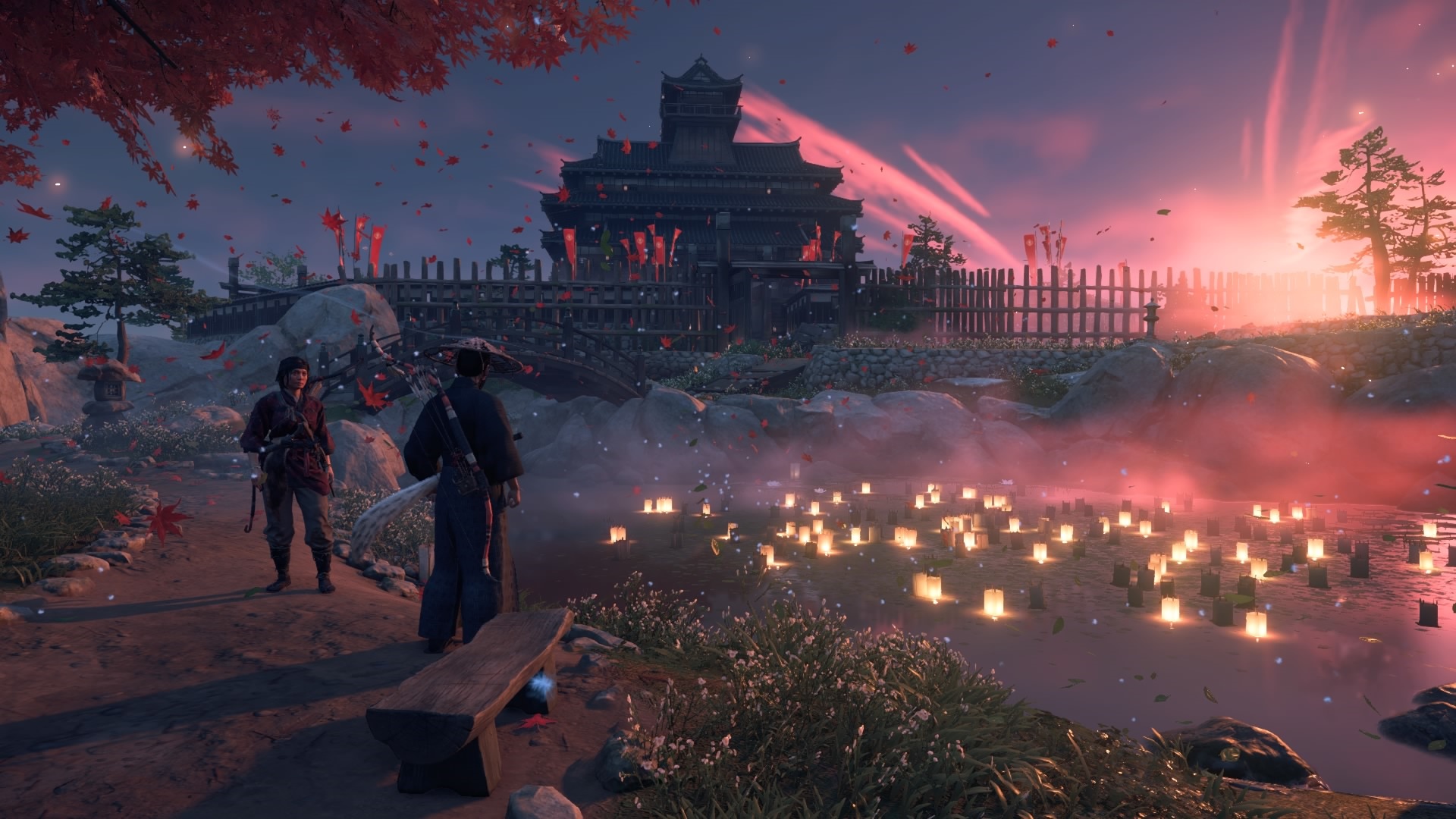 Ghost of Tsushima scene with lanterns and temple HD Wallpaper