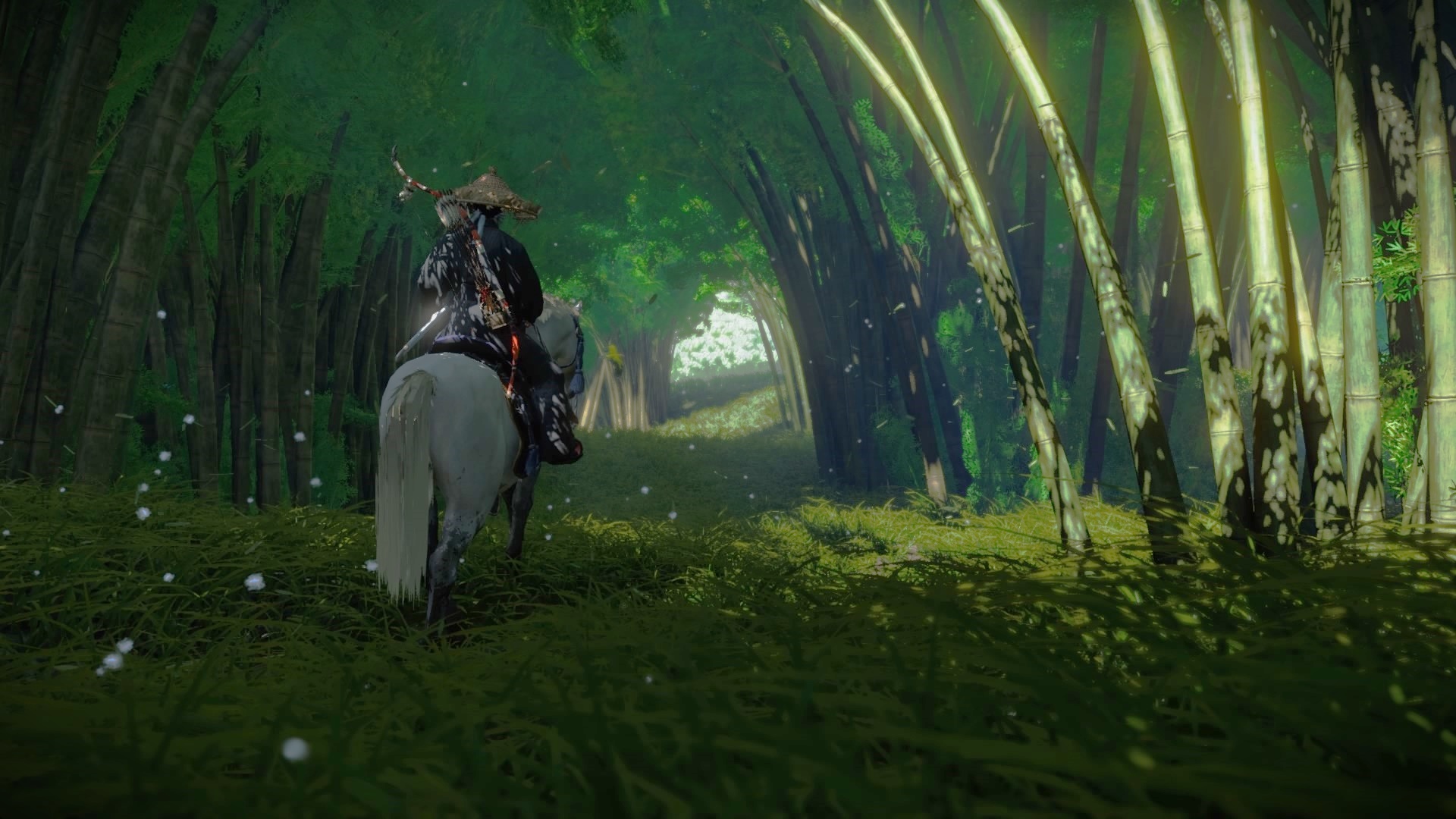 Ghost of Tsushima: Samurai on Horseback in Bamboo Forest HD Wallpaper