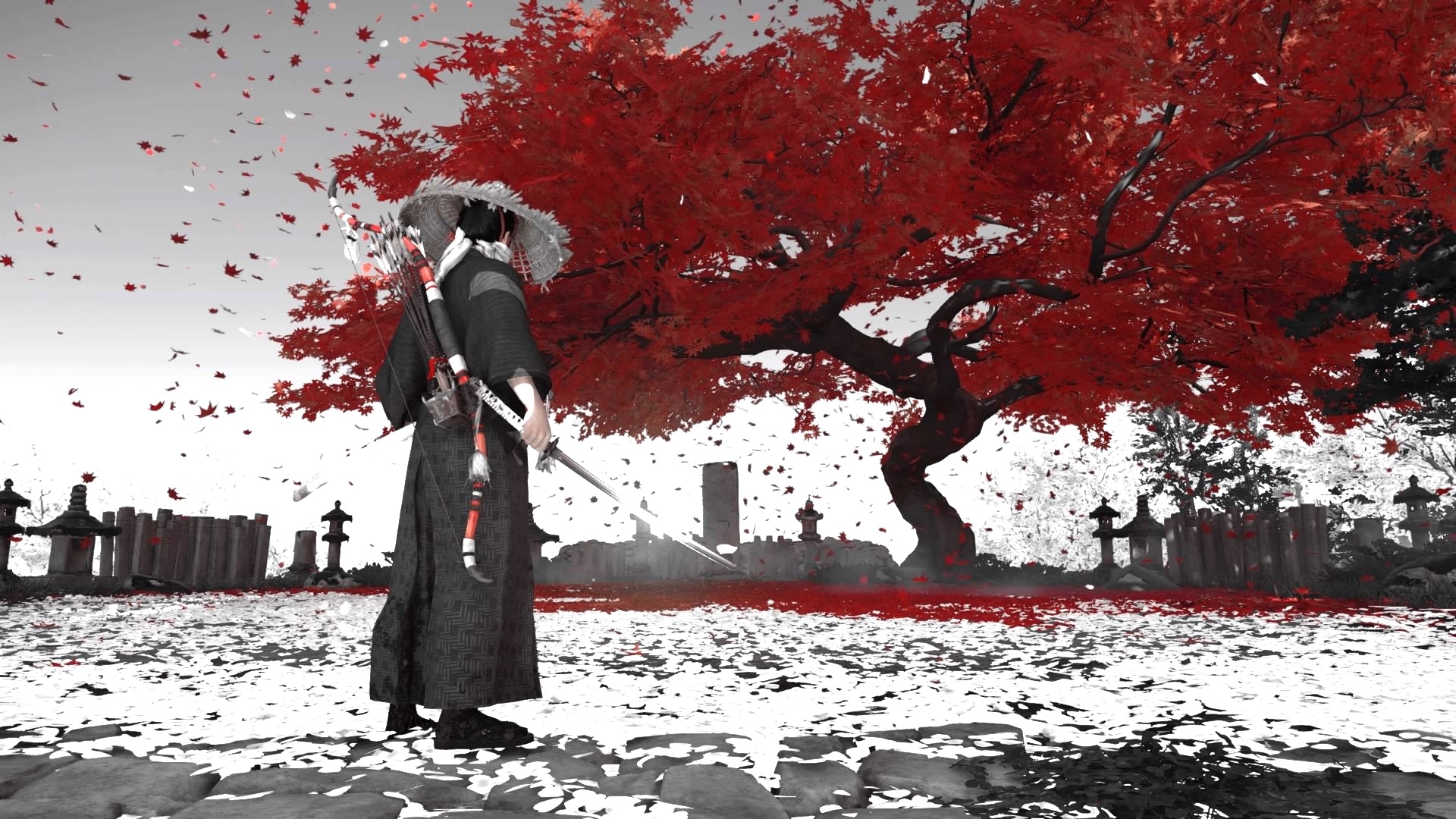 Ghost of Tsushima: Samurai under red maple tree HD Wallpaper