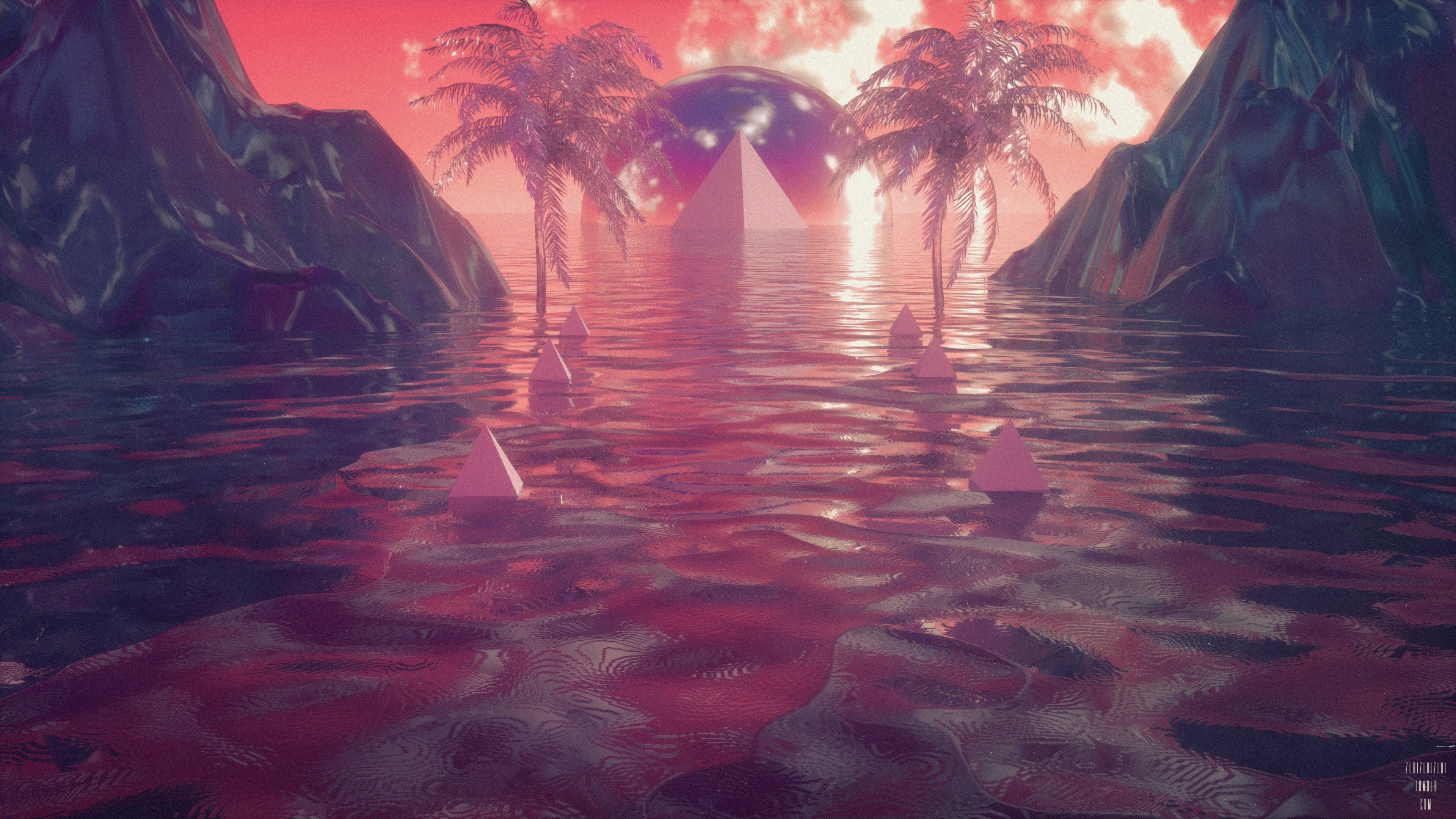 4K Vaporwave 3D Abstract Scene with Pyramids and Palm Trees HD Wallpaper