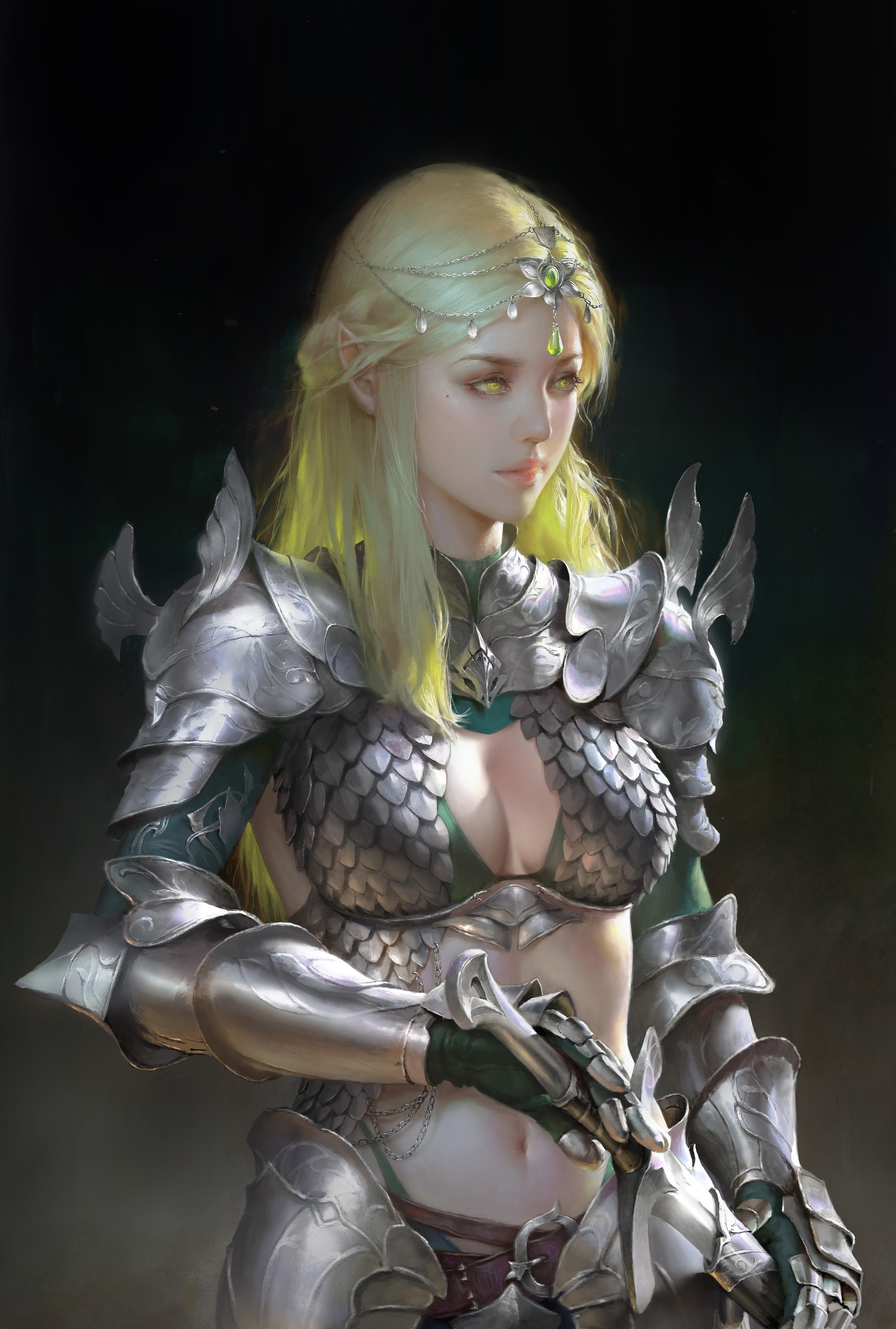 Elf warrior with blonde hair and yellow eyes in armor HD Phone Wallpaper