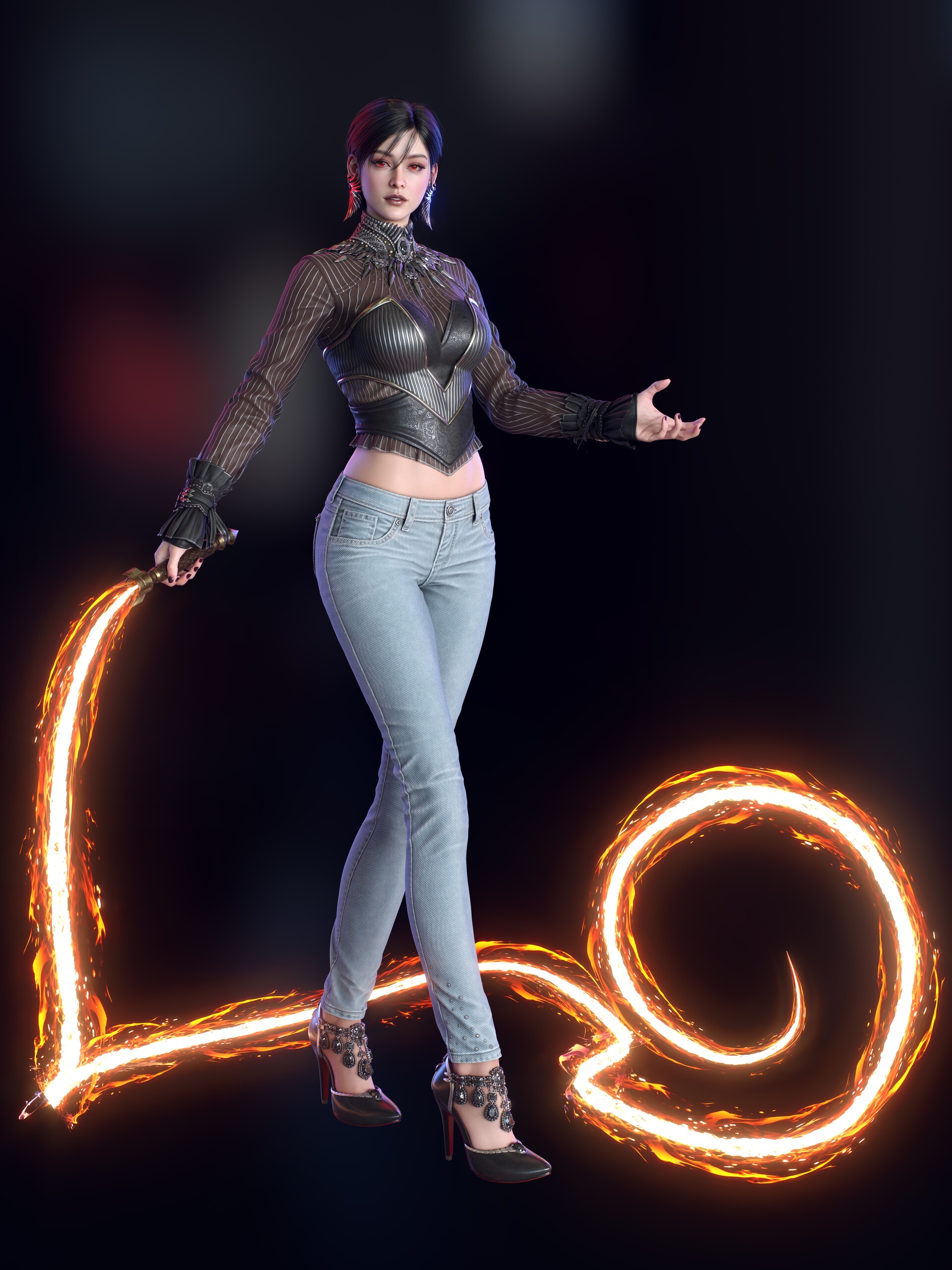 Woman with dark hair holding a fiery whip HD Phone Wallpaper