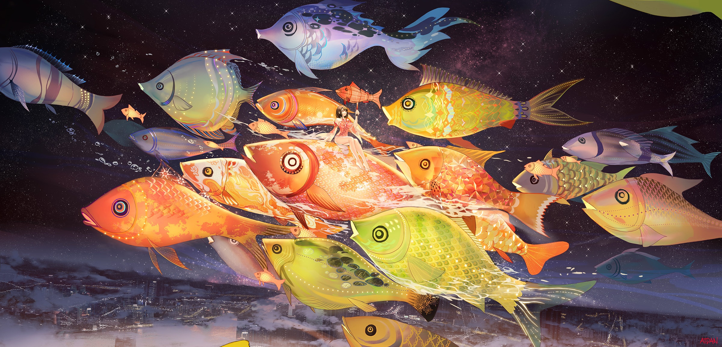 A girl rides a giant fish through a starry sky over a cityscape HD Wallpaper