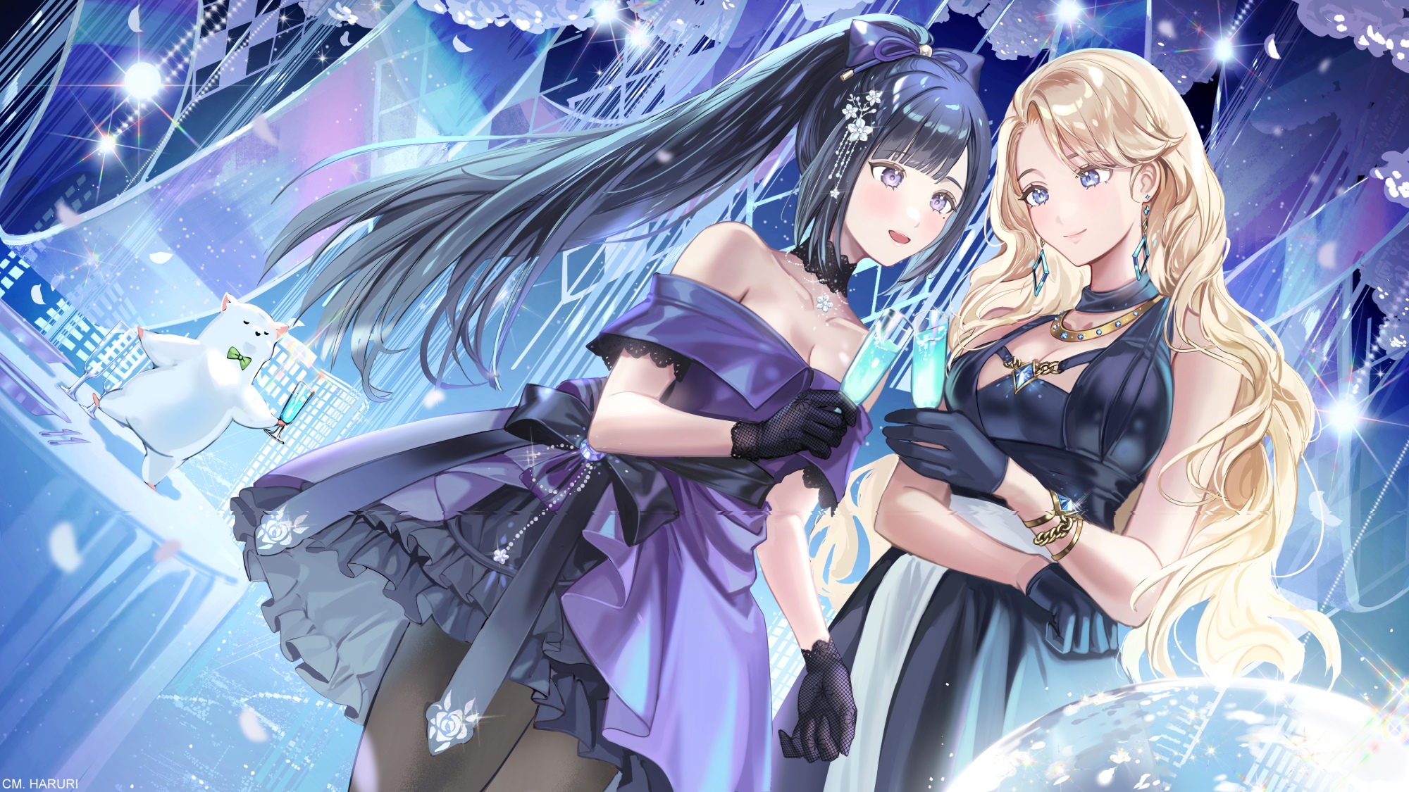 Two anime girls in formal dresses holding champagne HD Wallpaper