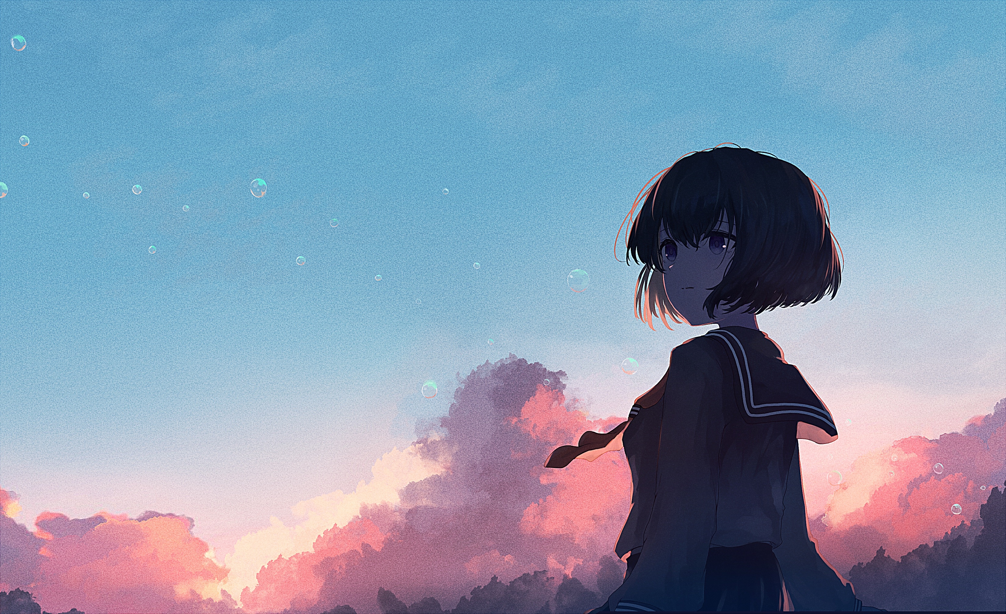 Anime girl with short hair in a school uniform HD Wallpaper