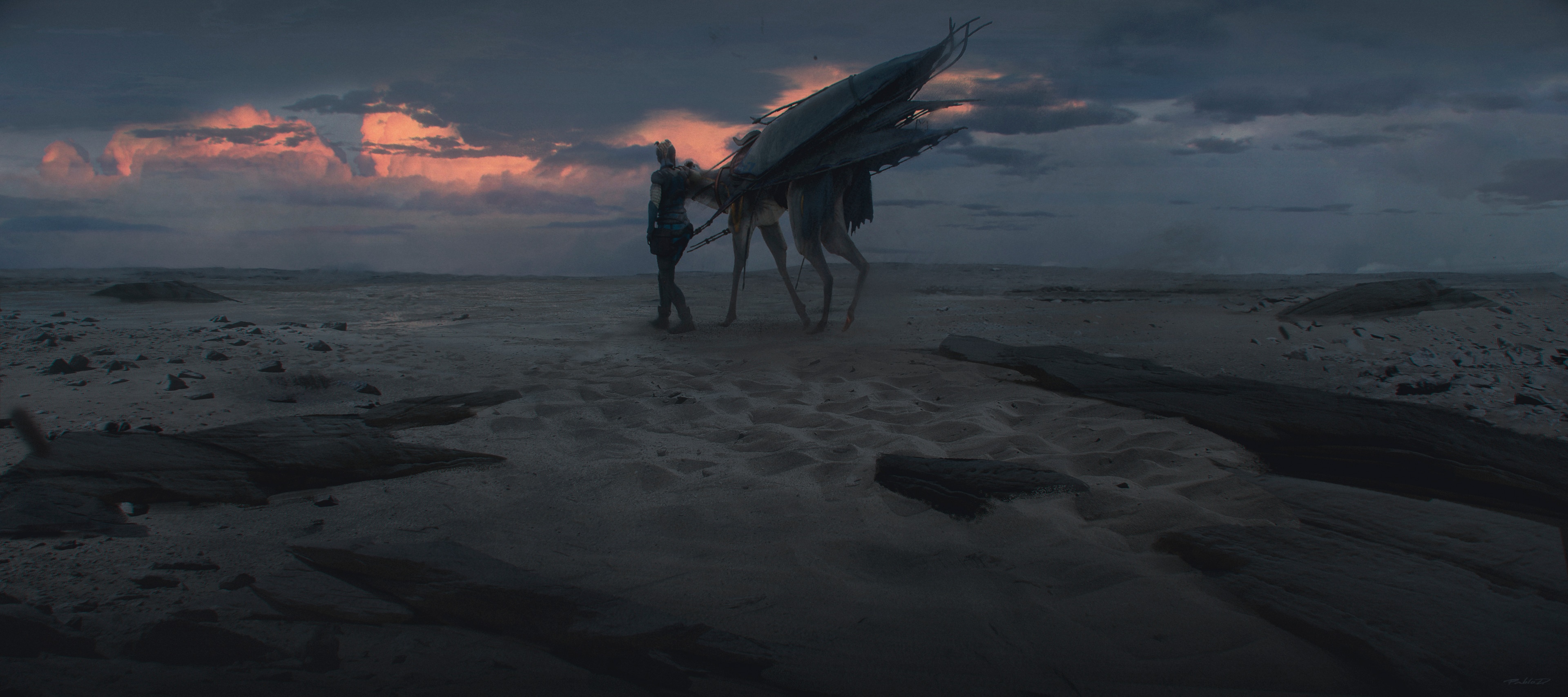 A person and a creature on a sandy landscape HD Wallpaper