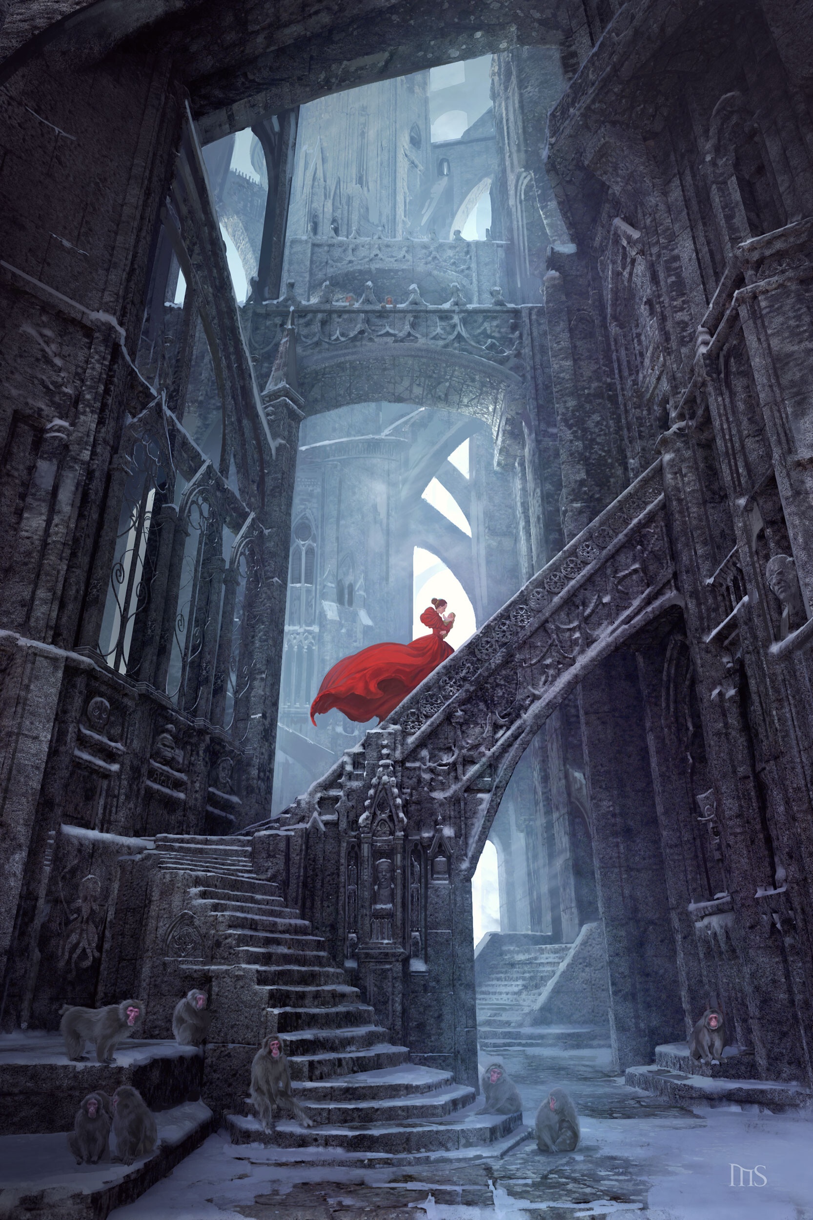 A woman in a red dress on snowy gothic stairs HD Phone Wallpaper