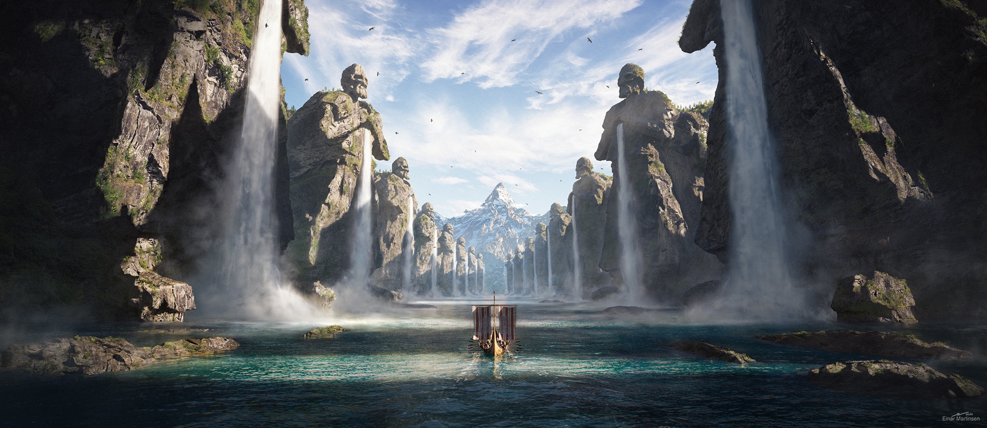 Giant statues and waterfalls with a Viking ship HD Wallpaper