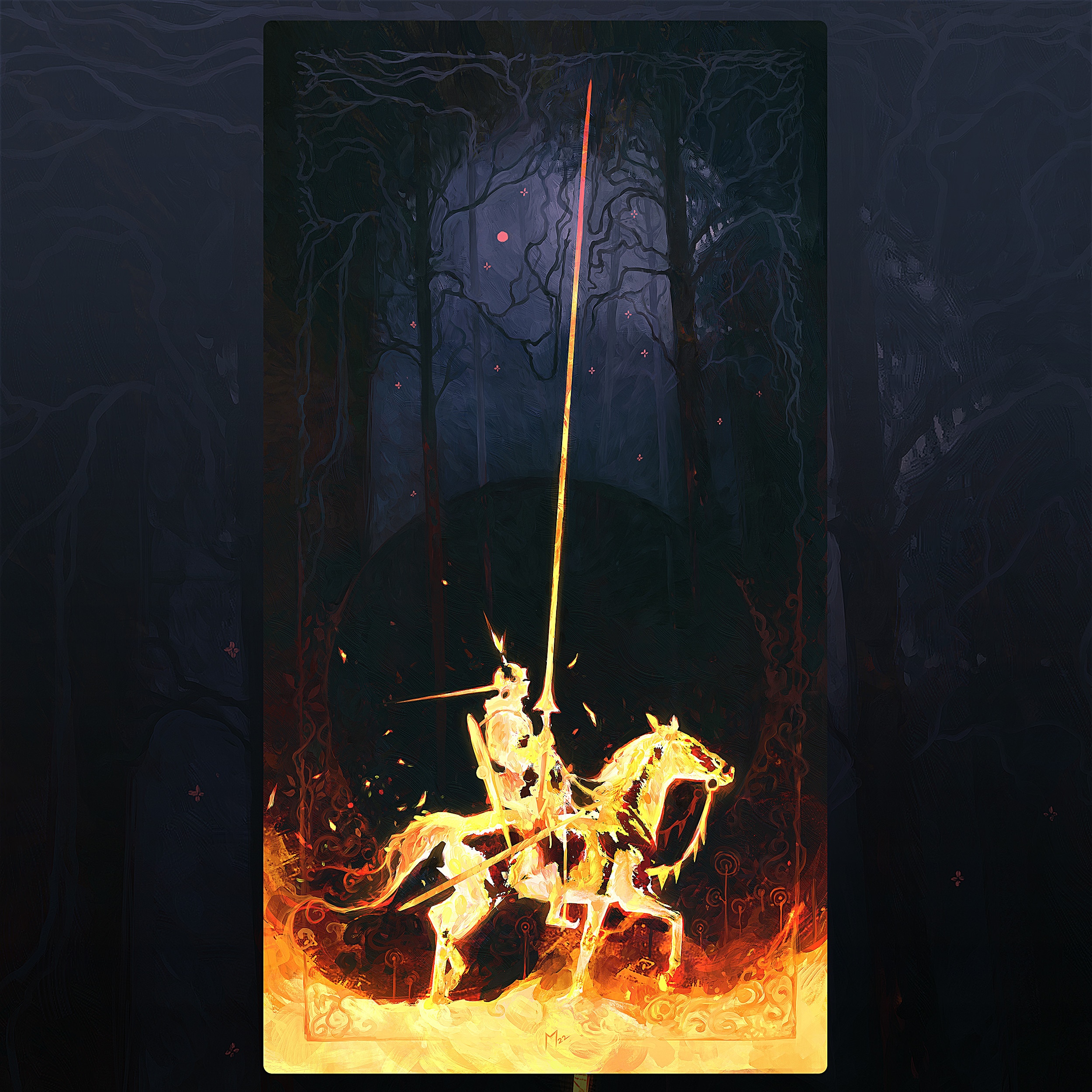 Knight on a fiery horse in a dark forest HD Wallpaper